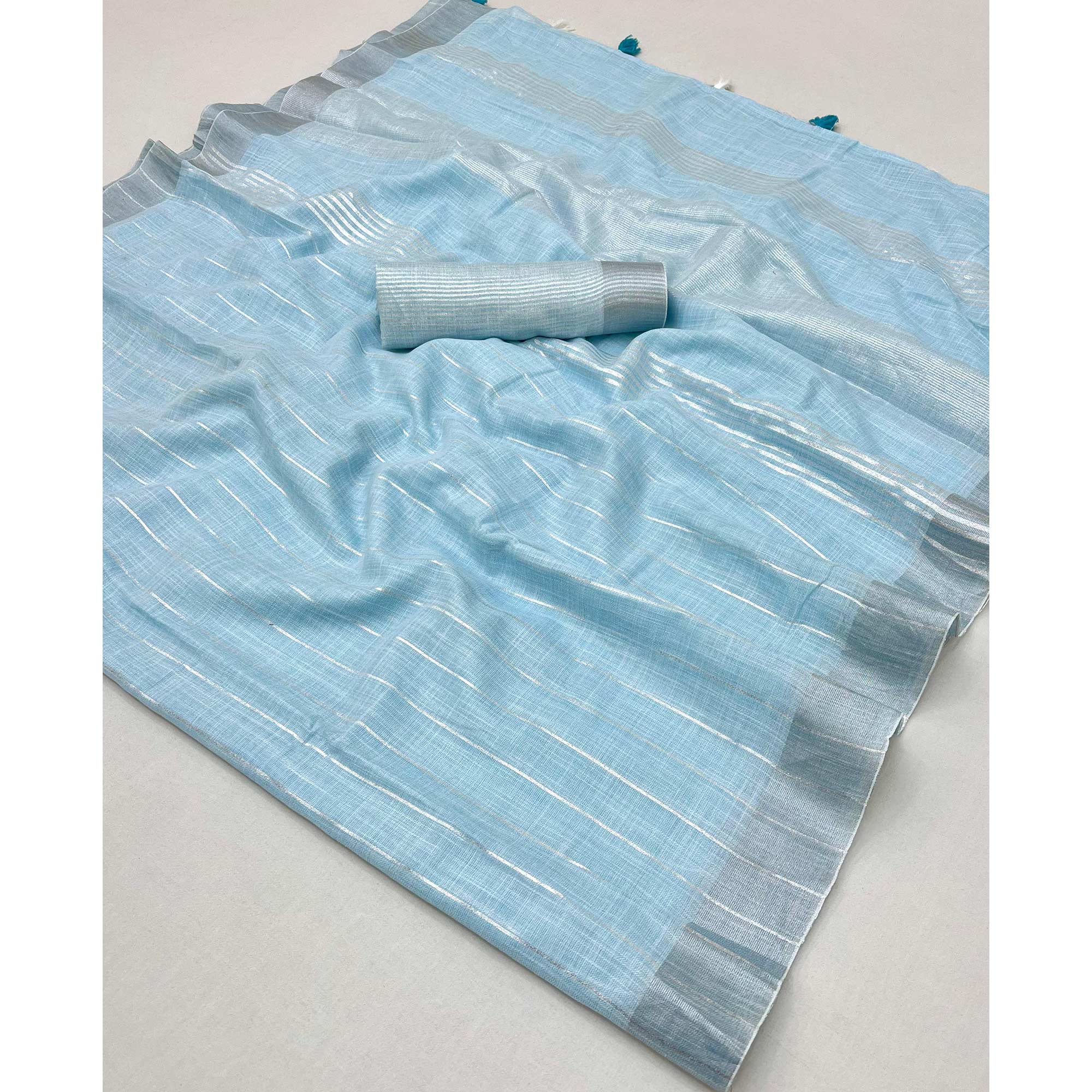 Blue Zari Woven Linen Saree With Tassels