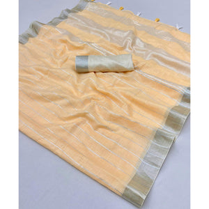 Light Orange Zari Woven Linen Saree With Tassels
