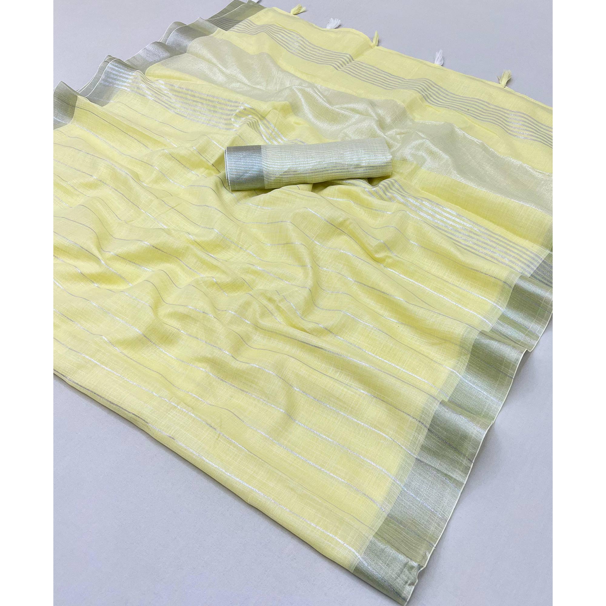 Yellow Zari Woven Linen Saree With Tassels