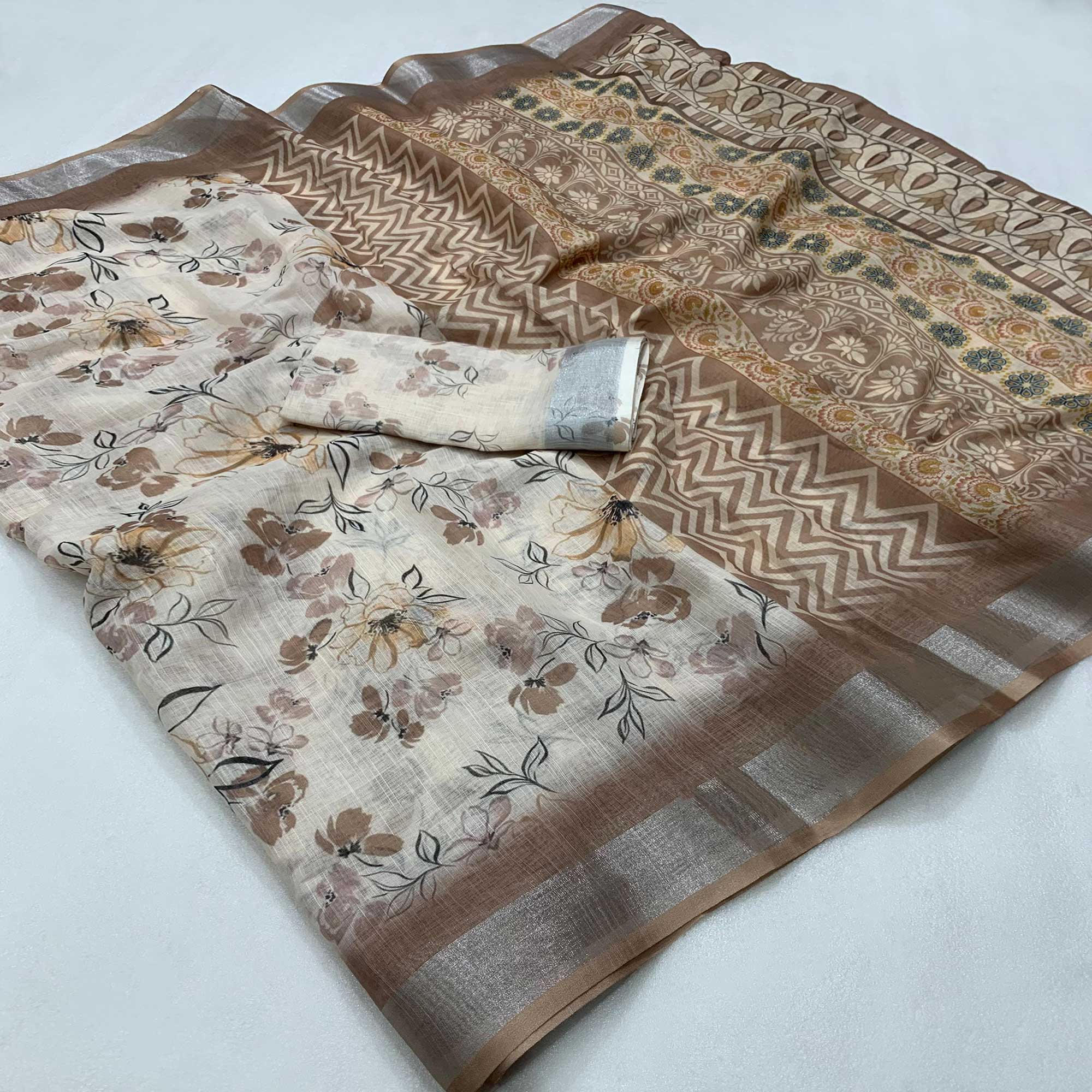 Cream & Brown Printed Soft Linen Saree