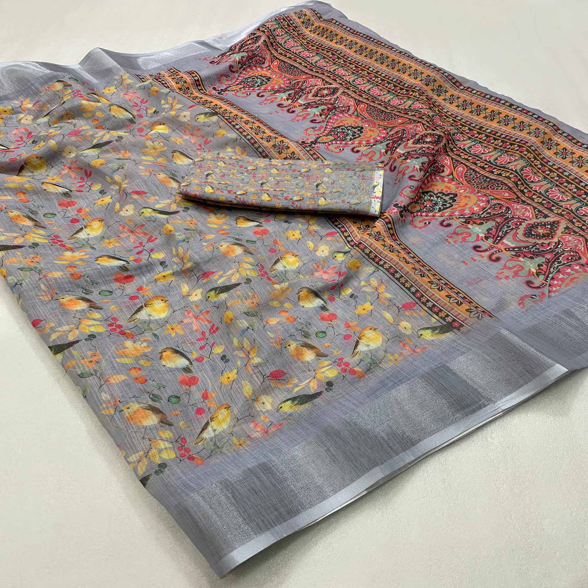 Grey Printed Soft Linen Saree