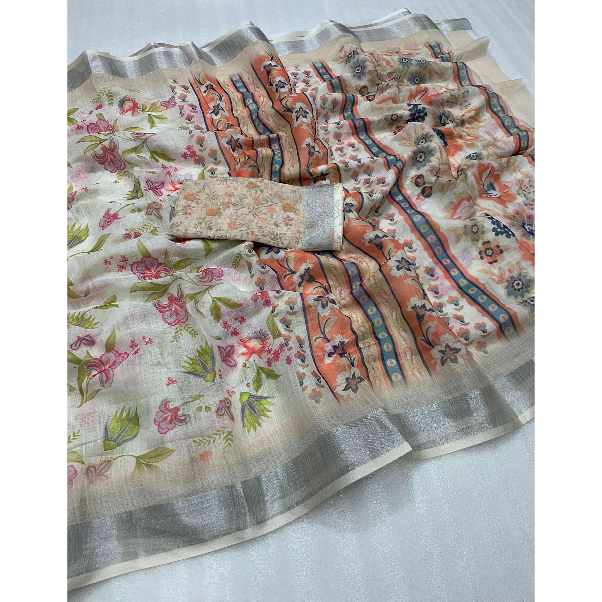 Cream Floral Digital Printed Linen Saree