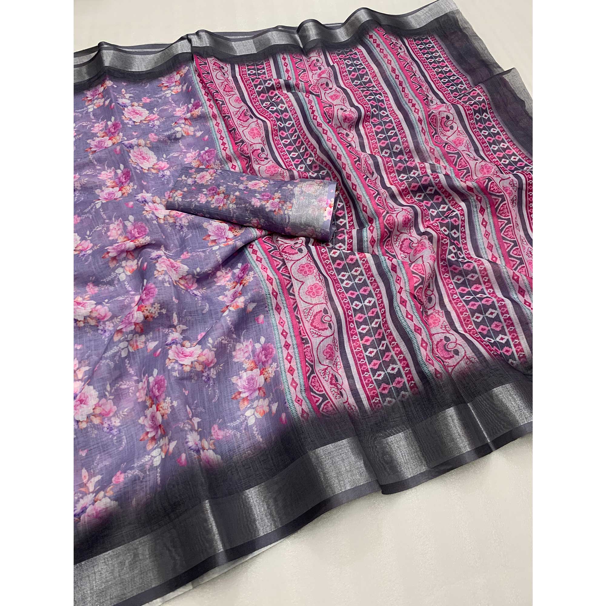 Purple Floral Digital Printed Linen Saree