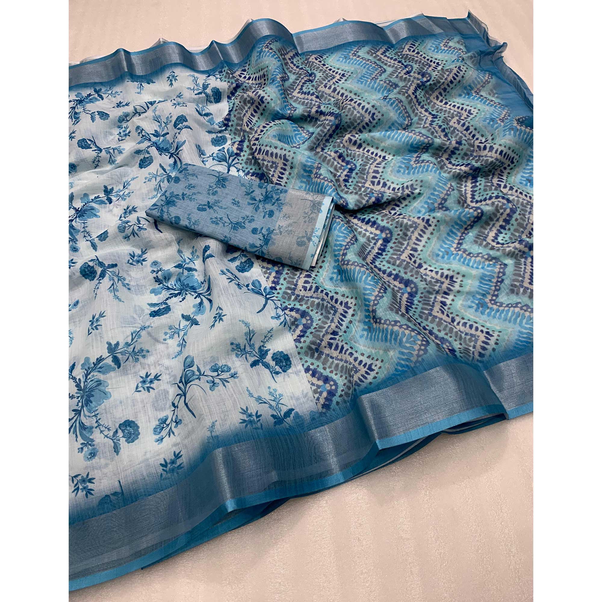 Teal Floral Digital Printed Linen Saree