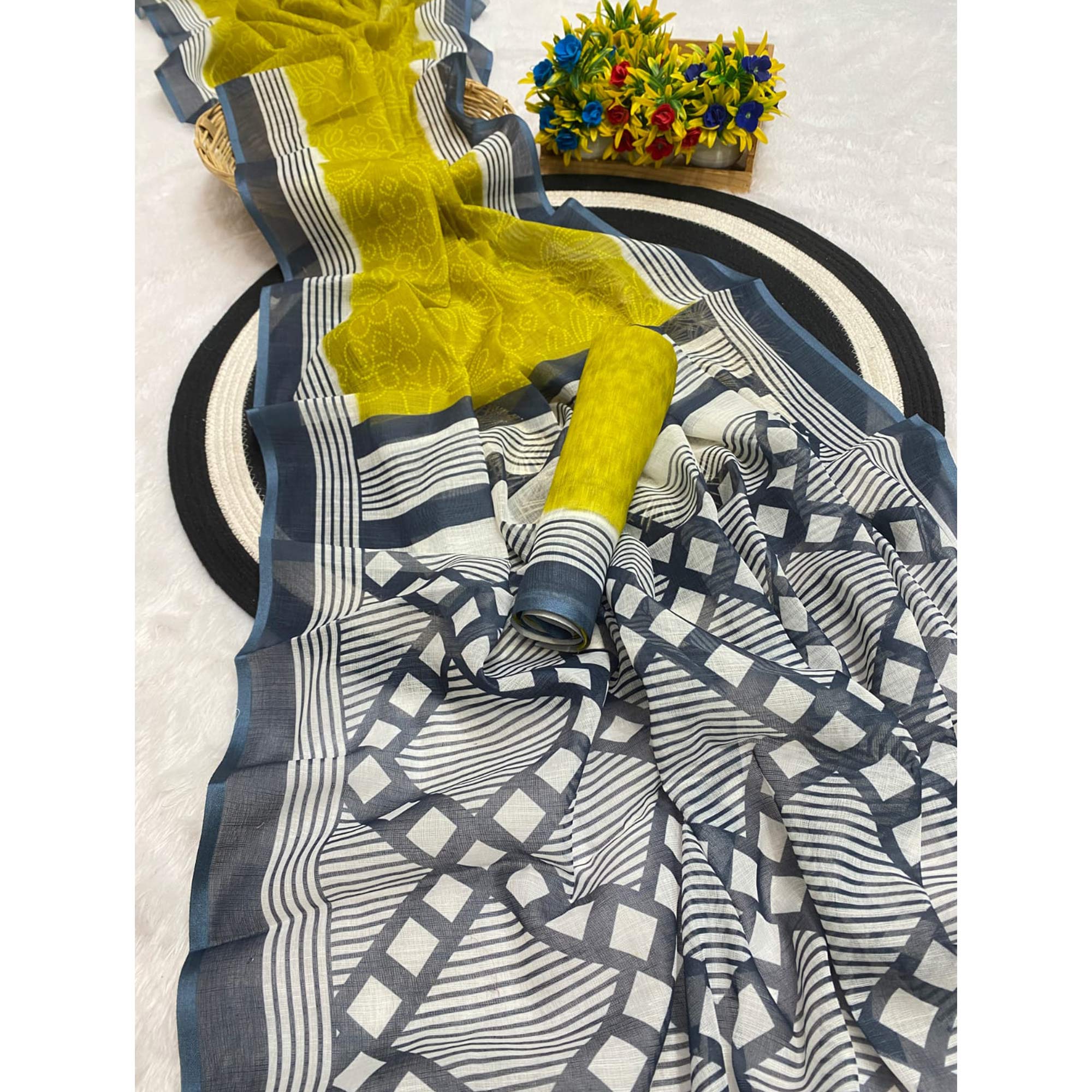 Olive Pure Linen Saree with Authentic Bandhani Print