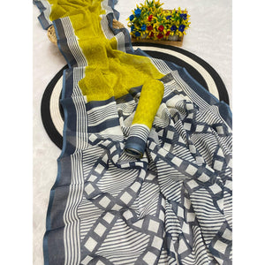 Olive Pure Linen Saree with Authentic Bandhani Print