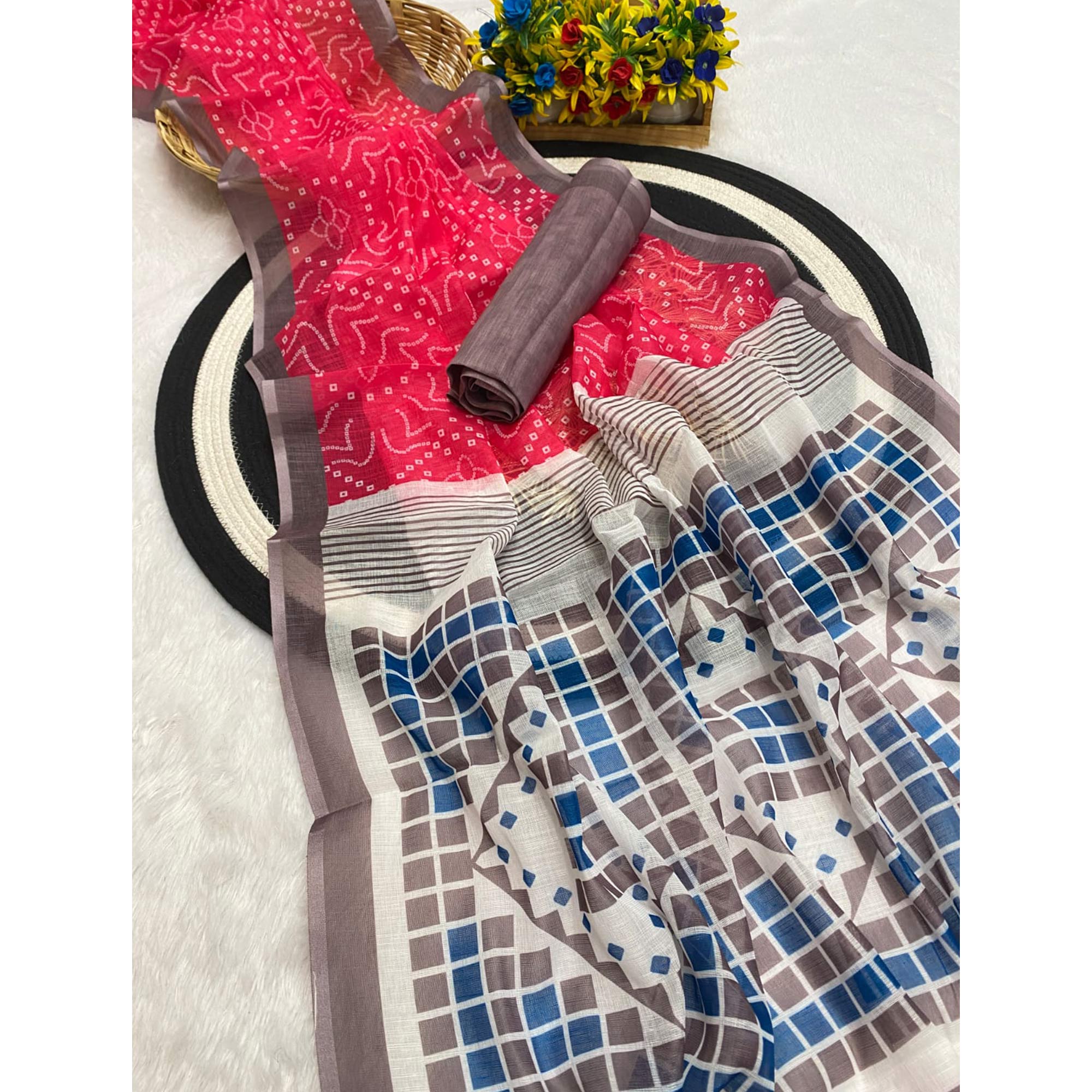 Pink Pure Linen Saree with Authentic Bandhani Print