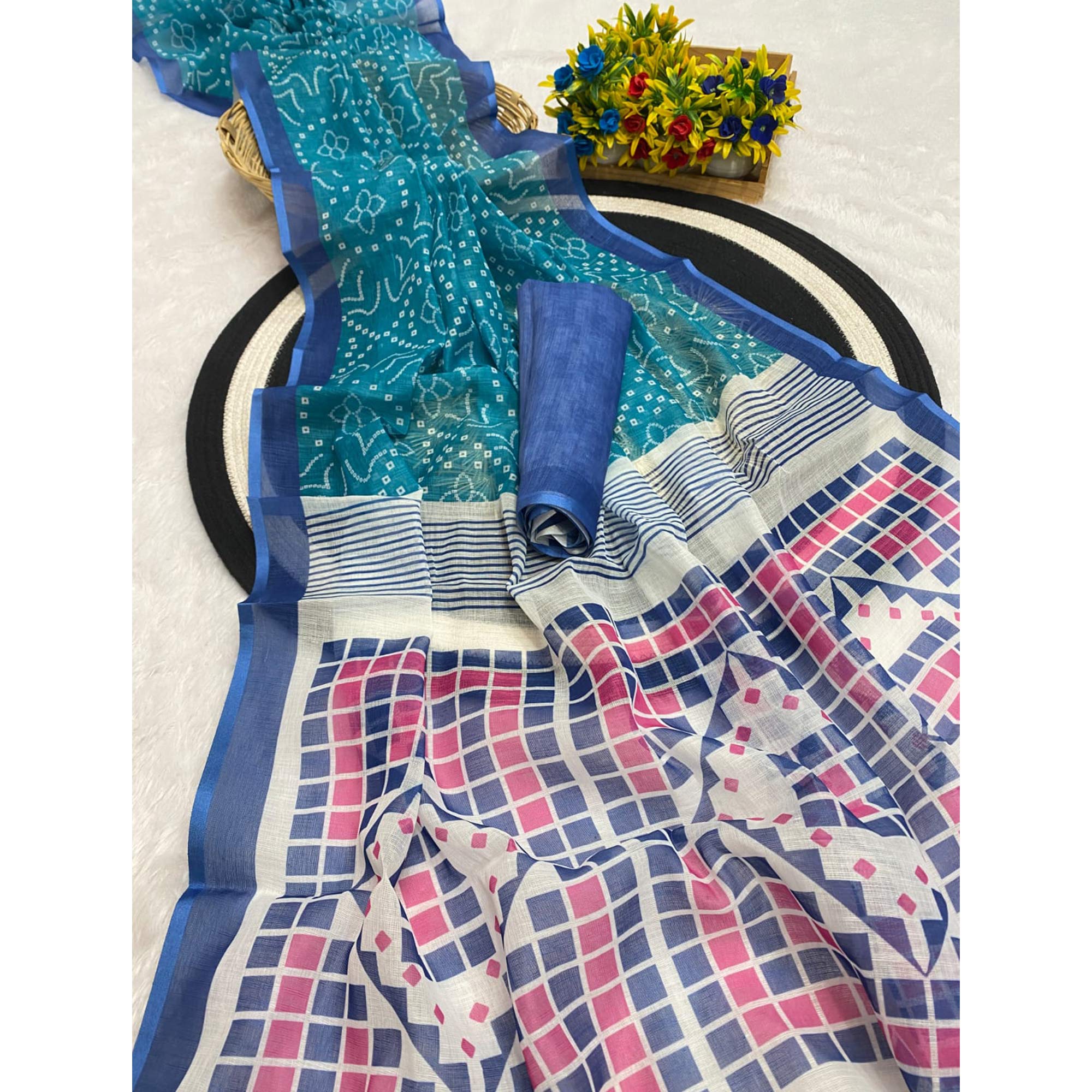 Teal Pure Linen Saree with Authentic Bandhani Print