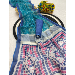 Teal Pure Linen Saree with Authentic Bandhani Print