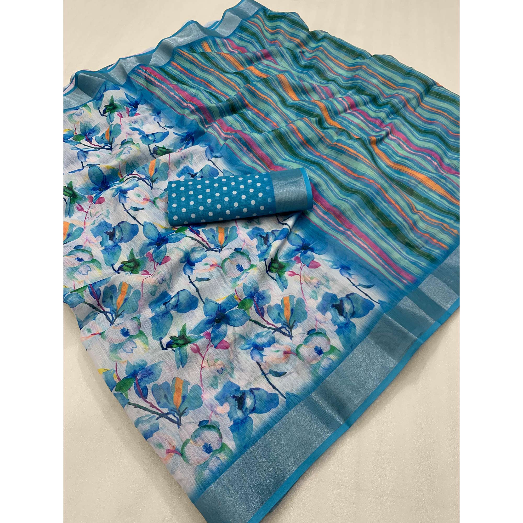 Blue Floral Digital Printed Linen Saree