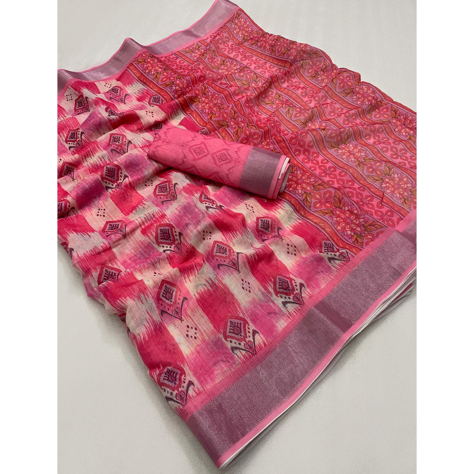 Gajari Pink Floral Digital Printed Linen Saree