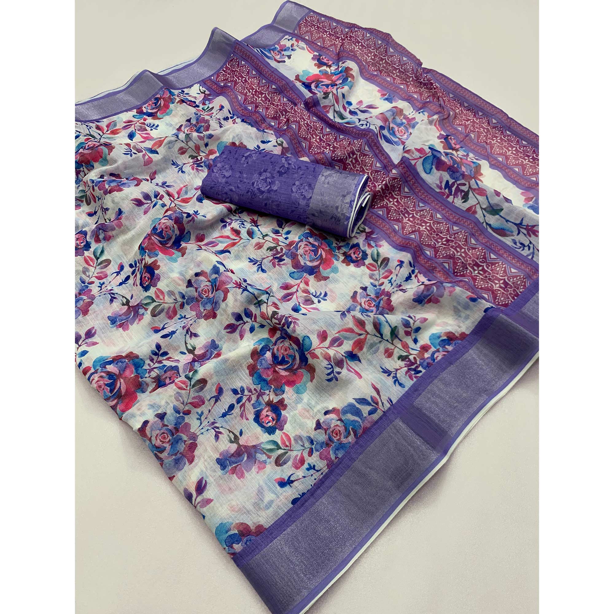 Offwhite & Purple Floral Digital Printed Linen Saree