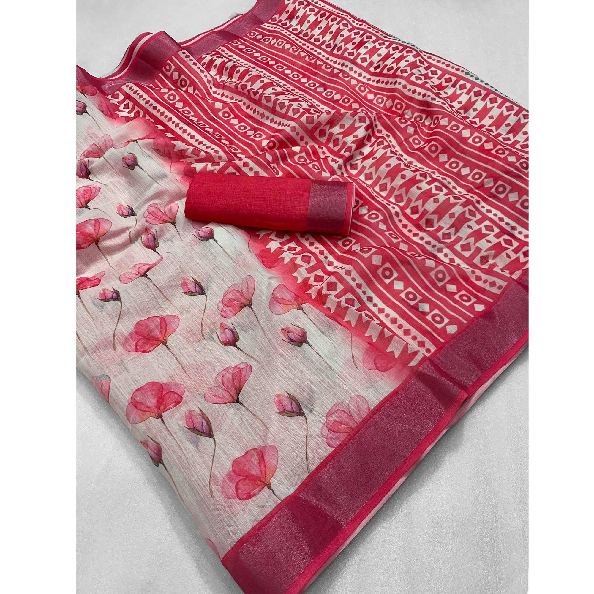 Pink Floral Digital Printed Linen Saree