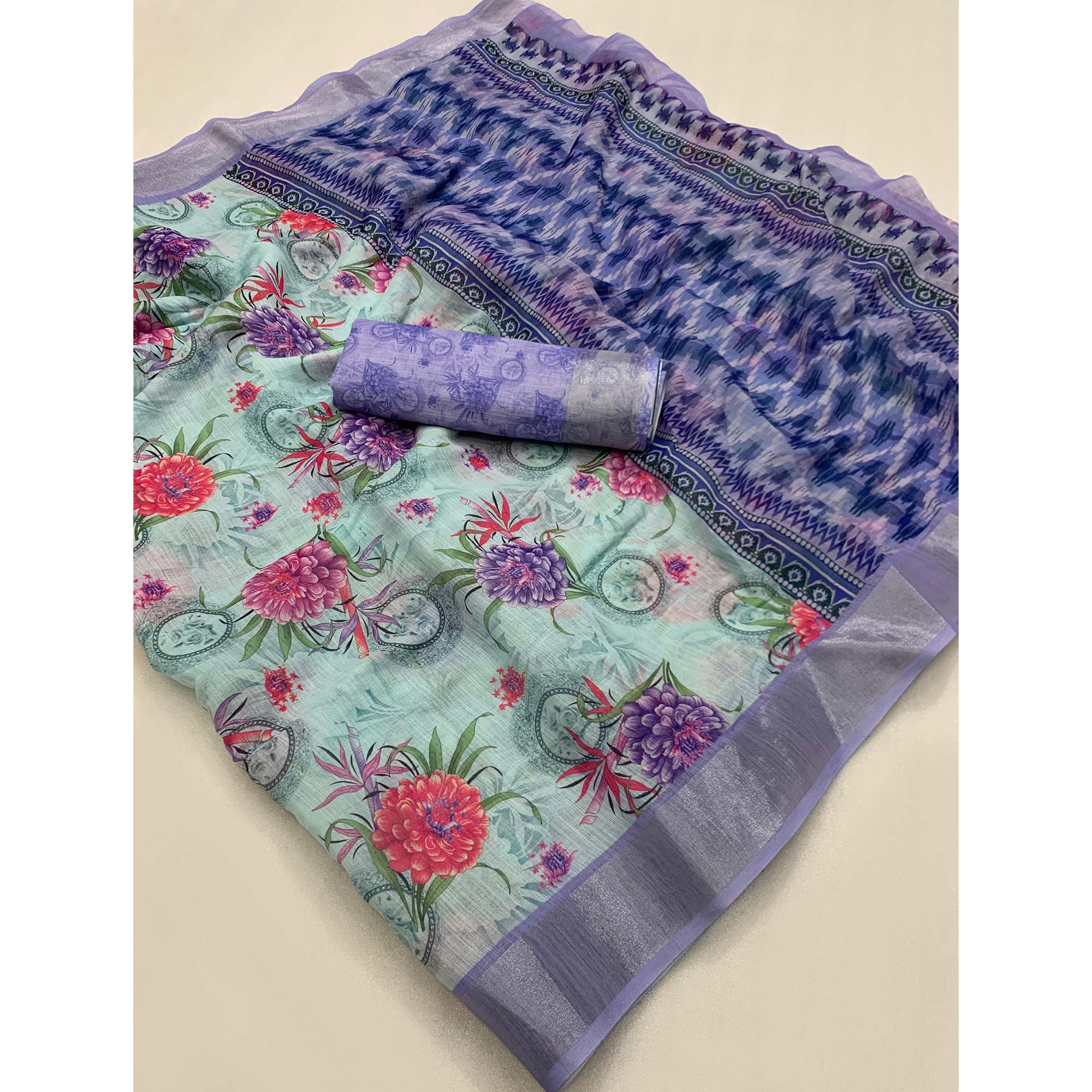 Pista Green & Lavender Floral Digital Printed Linen Saree