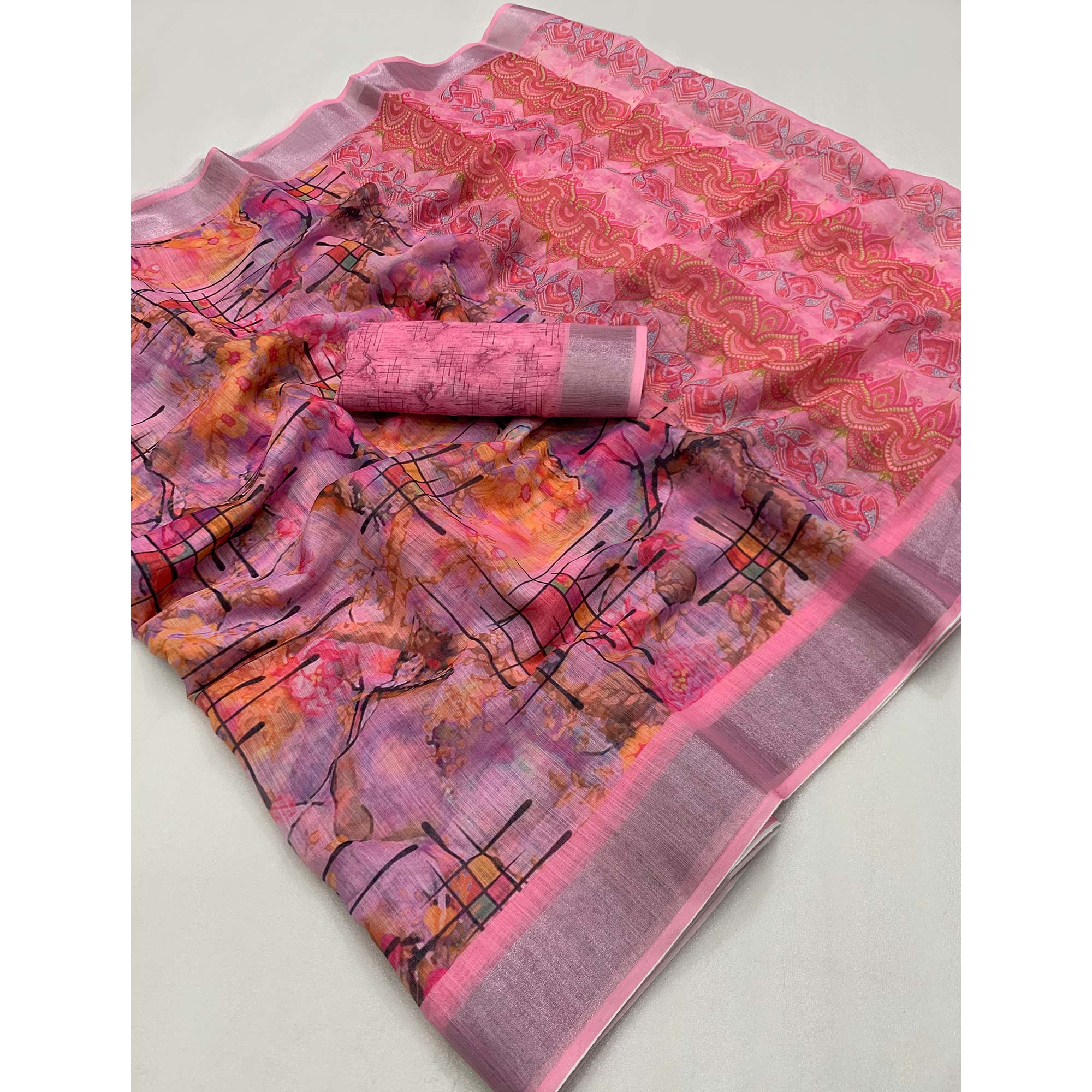 Pink & Purple Floral Digital Printed Linen Saree