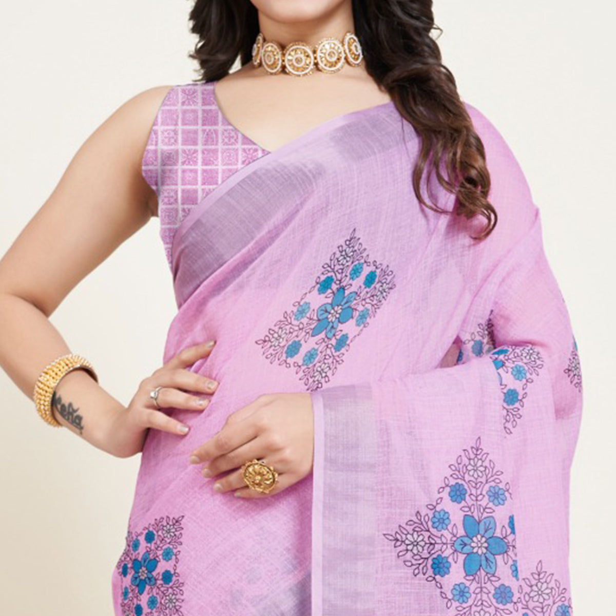 Pink Floral Printed Linen Saree