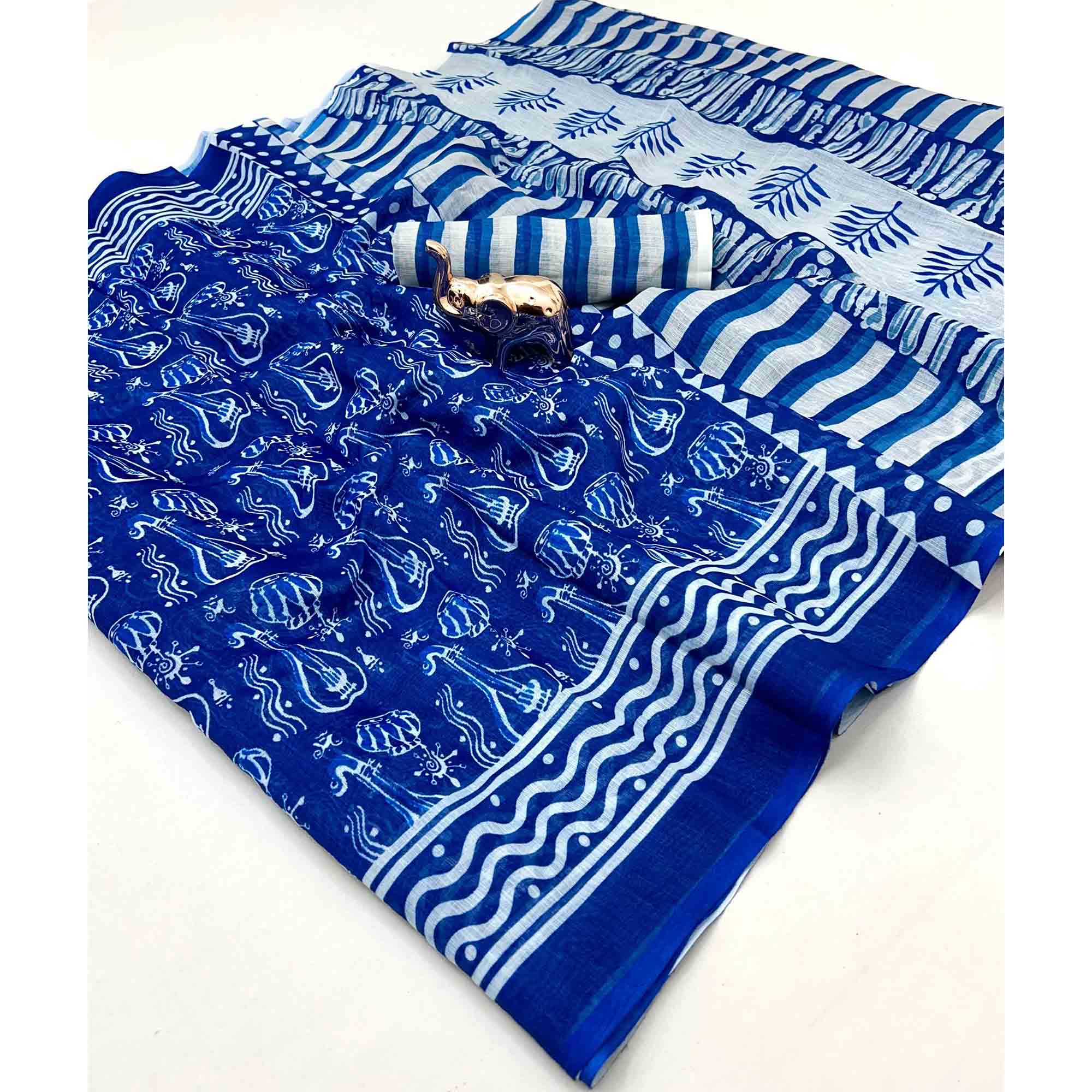 Blue Floral Print Saree in Breathable Pure Linen Fabric