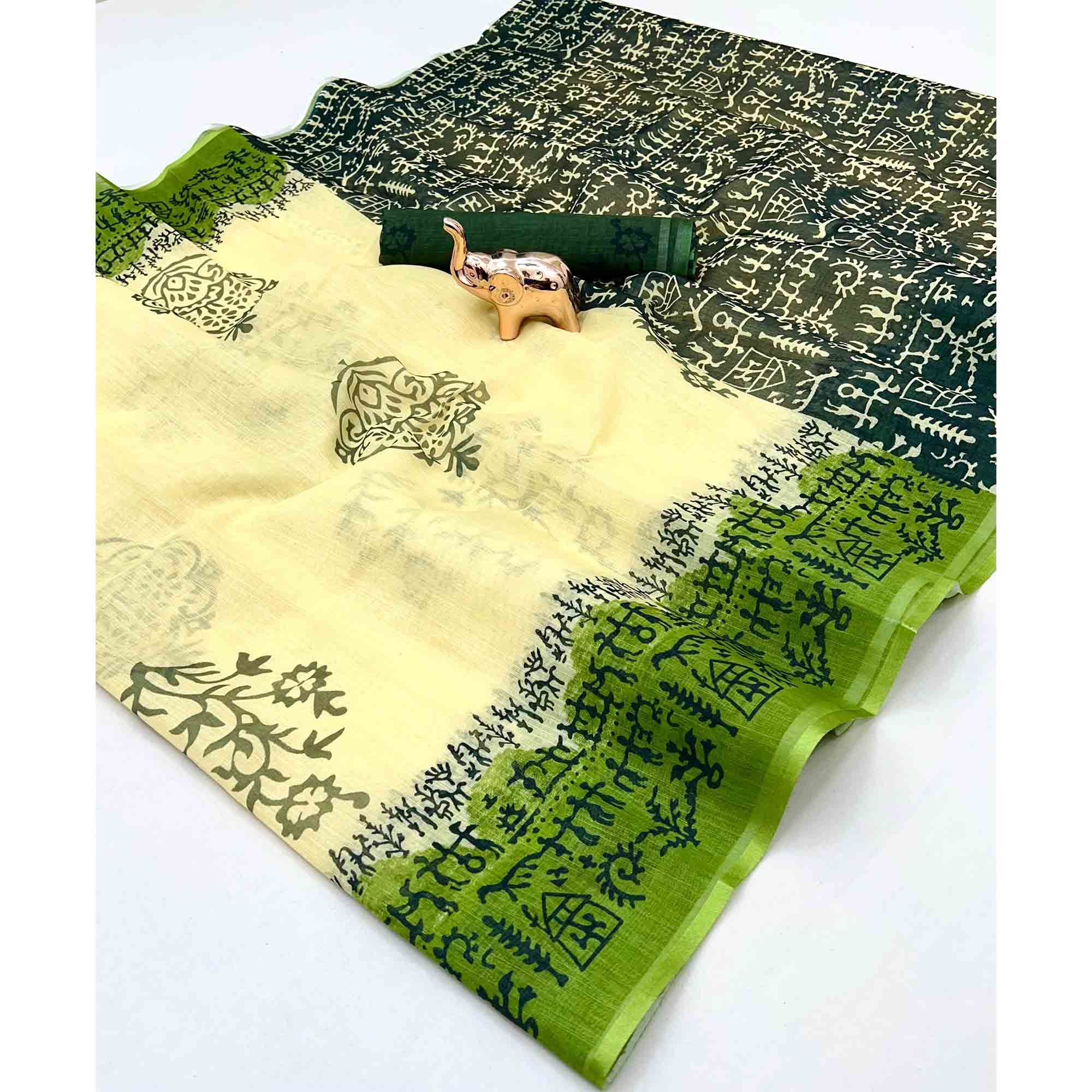 Cream Floral Print Saree in Breathable Pure Linen Fabric