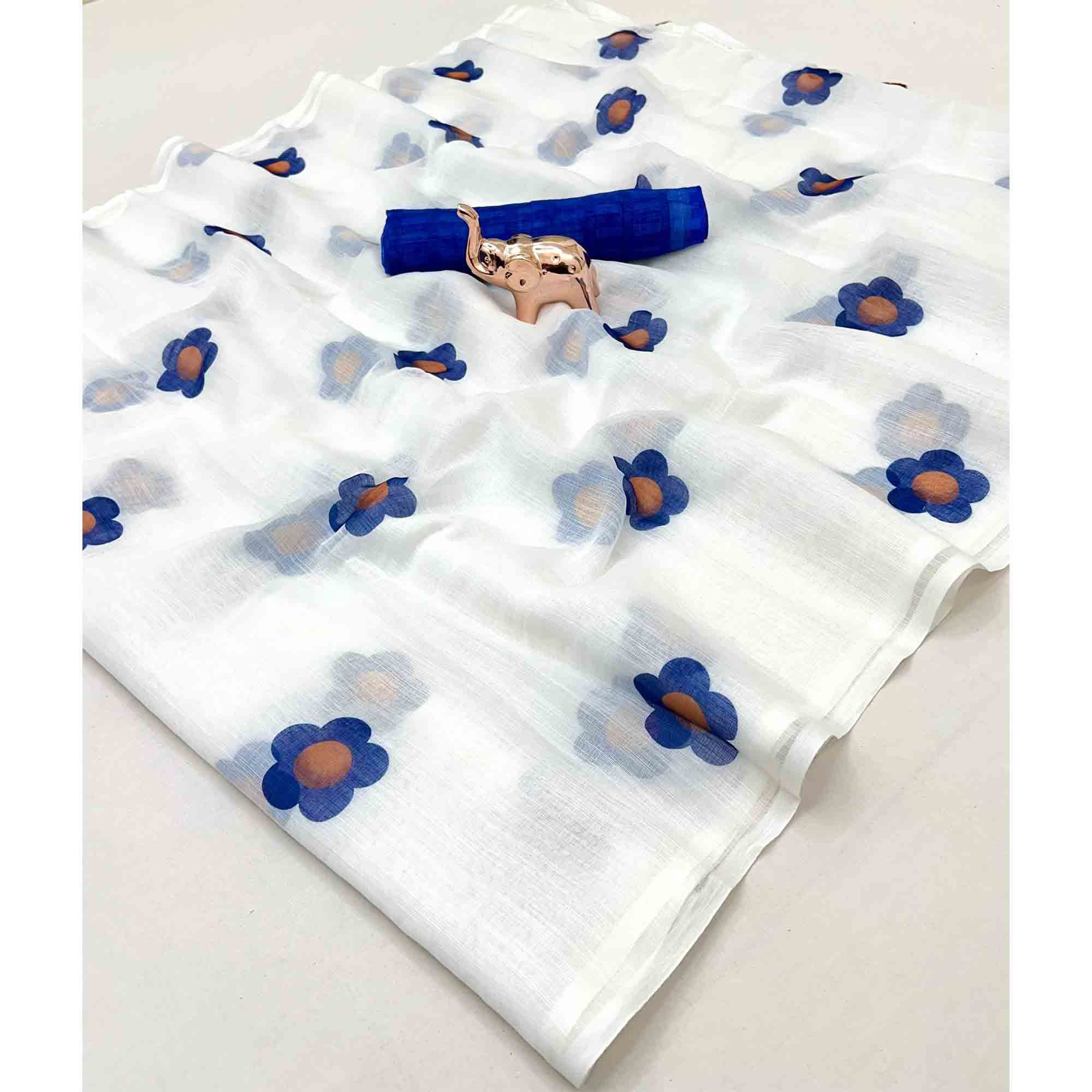 White & Blue Floral Print Saree in Breathable Pure Linen Fabric