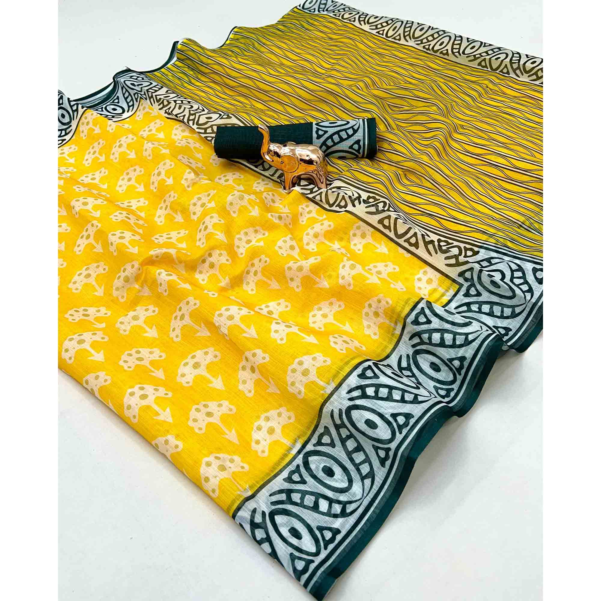 Yellow Floral Print Saree in Breathable Pure Linen Fabric
