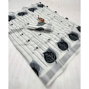 White Soft Linen Saree with Artistic Print Detailing