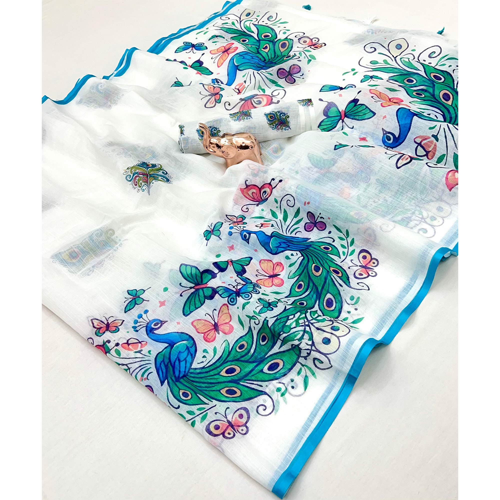 White Soft Linen Saree with Artistic Print