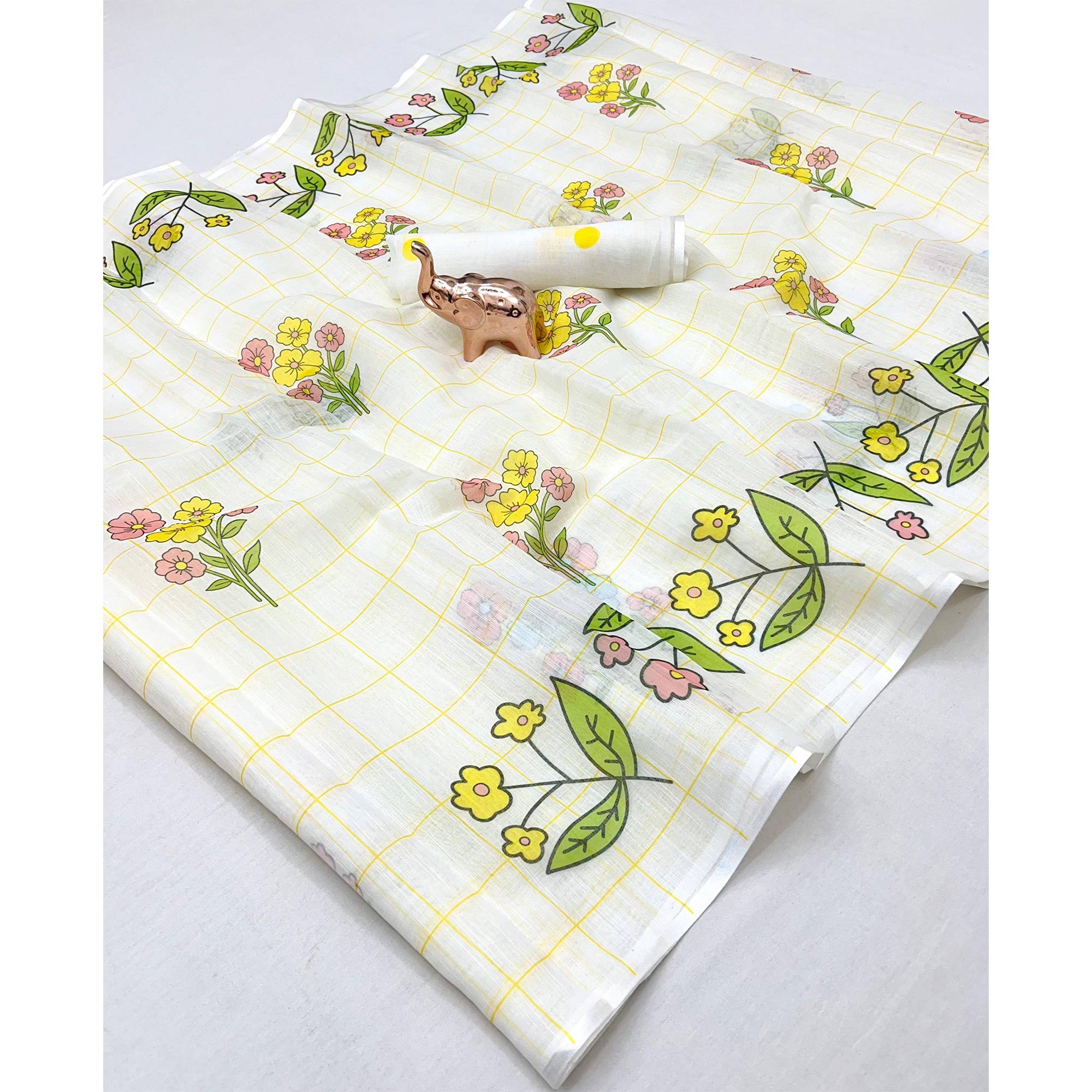 Off White Soft Linen Saree with Artistic Print Detailing