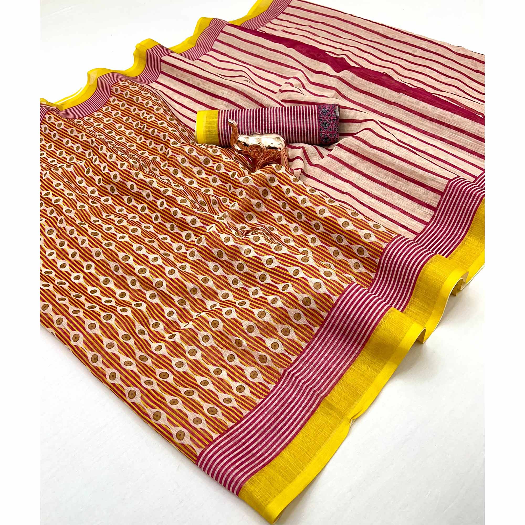 Multicolor Soft Linen Saree with Artistic Print Detailing
