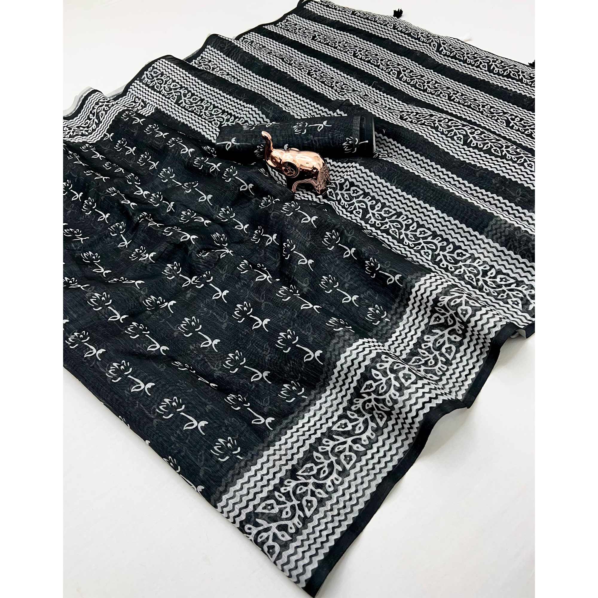 Black Soft Linen Saree with Artistic Print