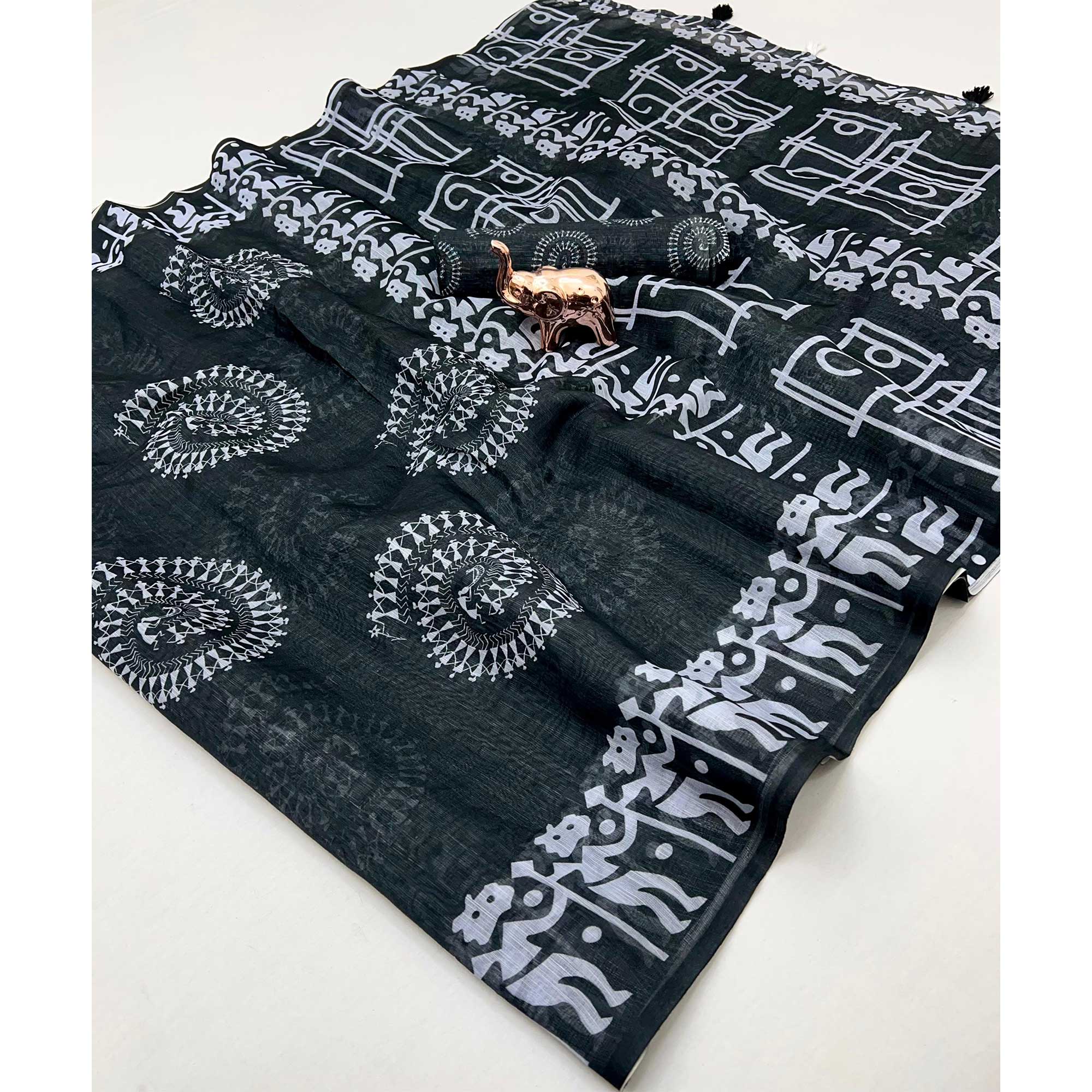 Black Soft Linen Saree with Artistic Print Detailing