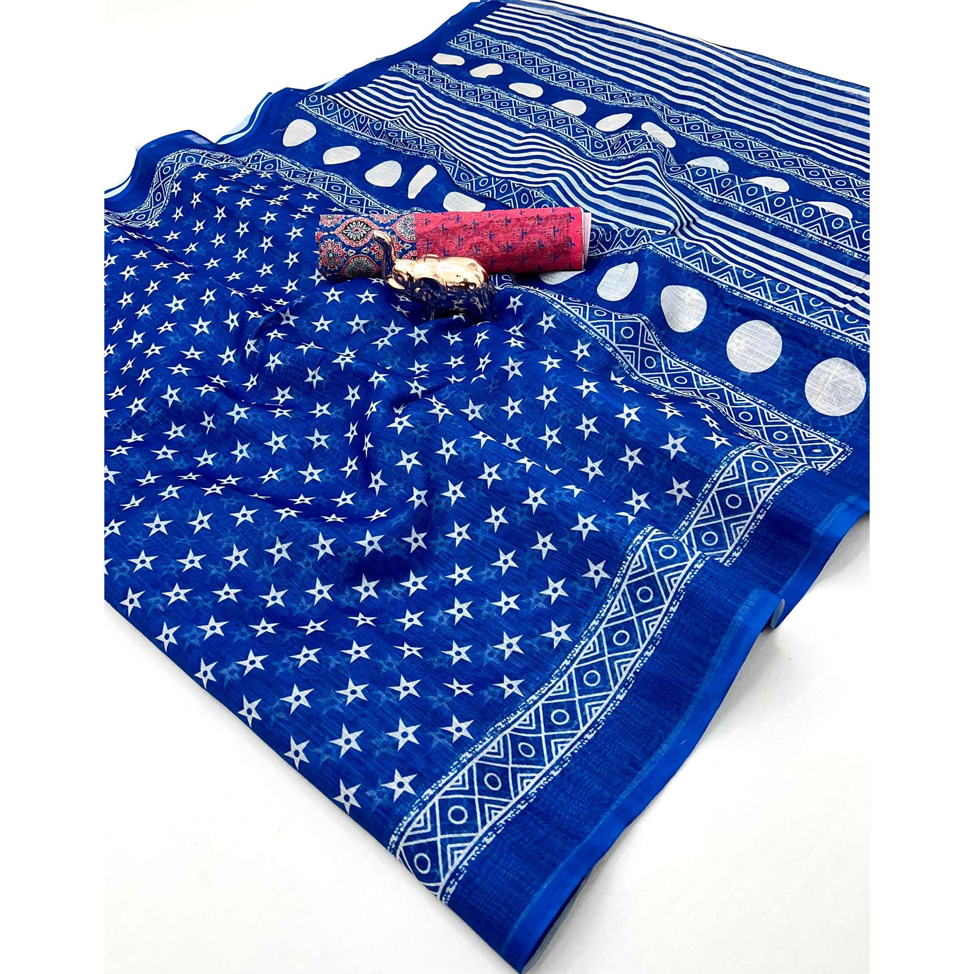 Blue Soft Linen Saree with Artistic Print Detailing