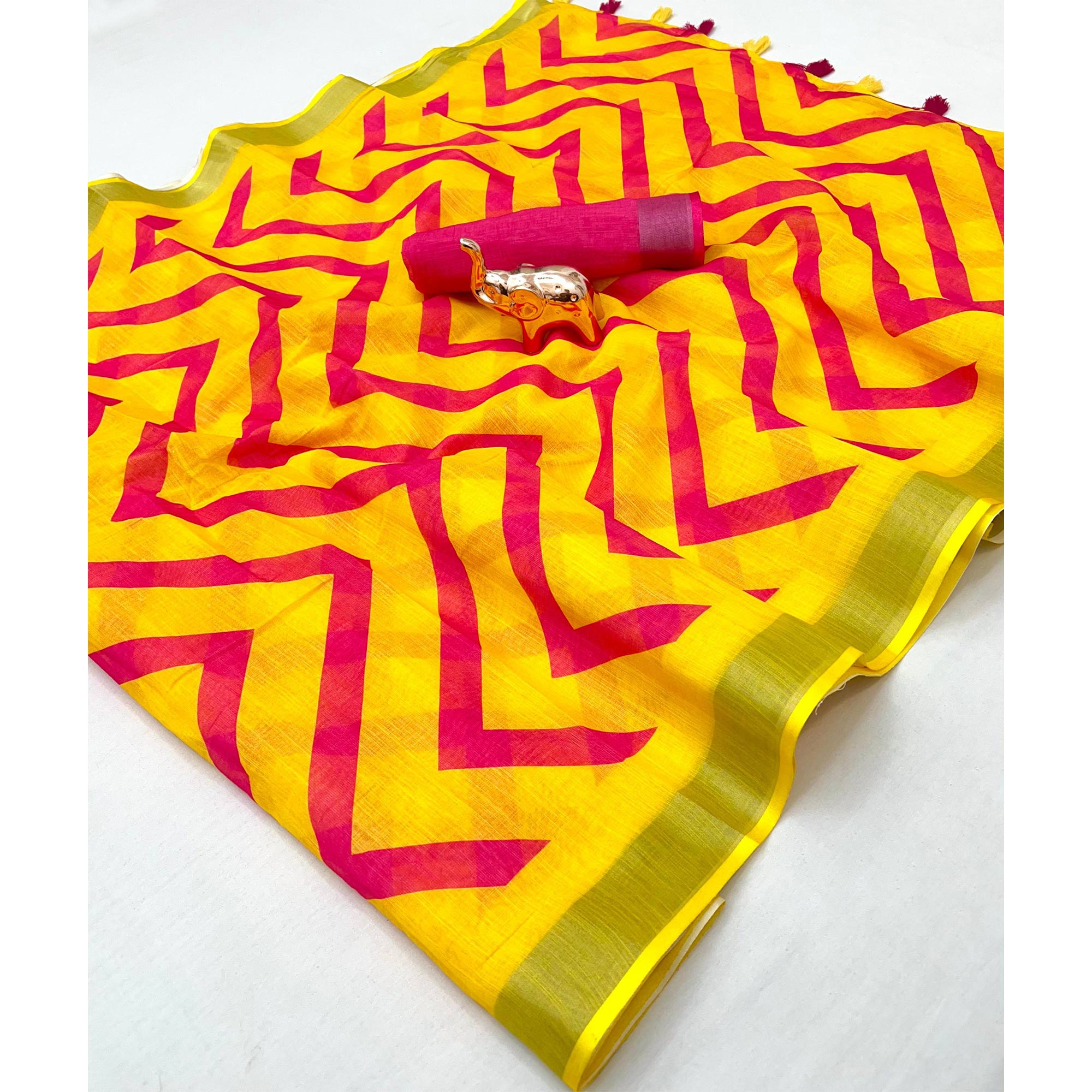 Yellow Soft Linen Saree with Artistic Print Detailing