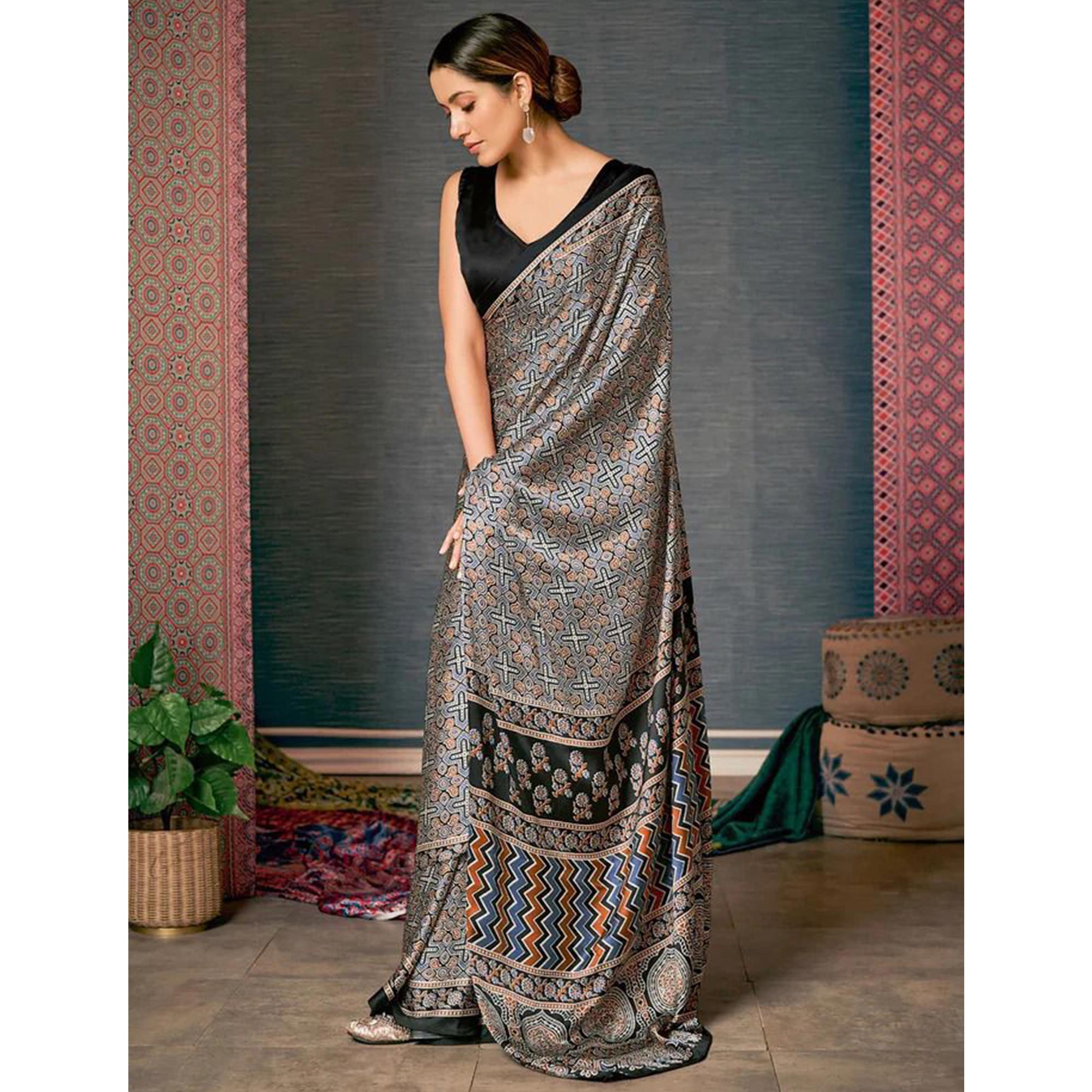 Black Ajrakh Printed Satin Saree