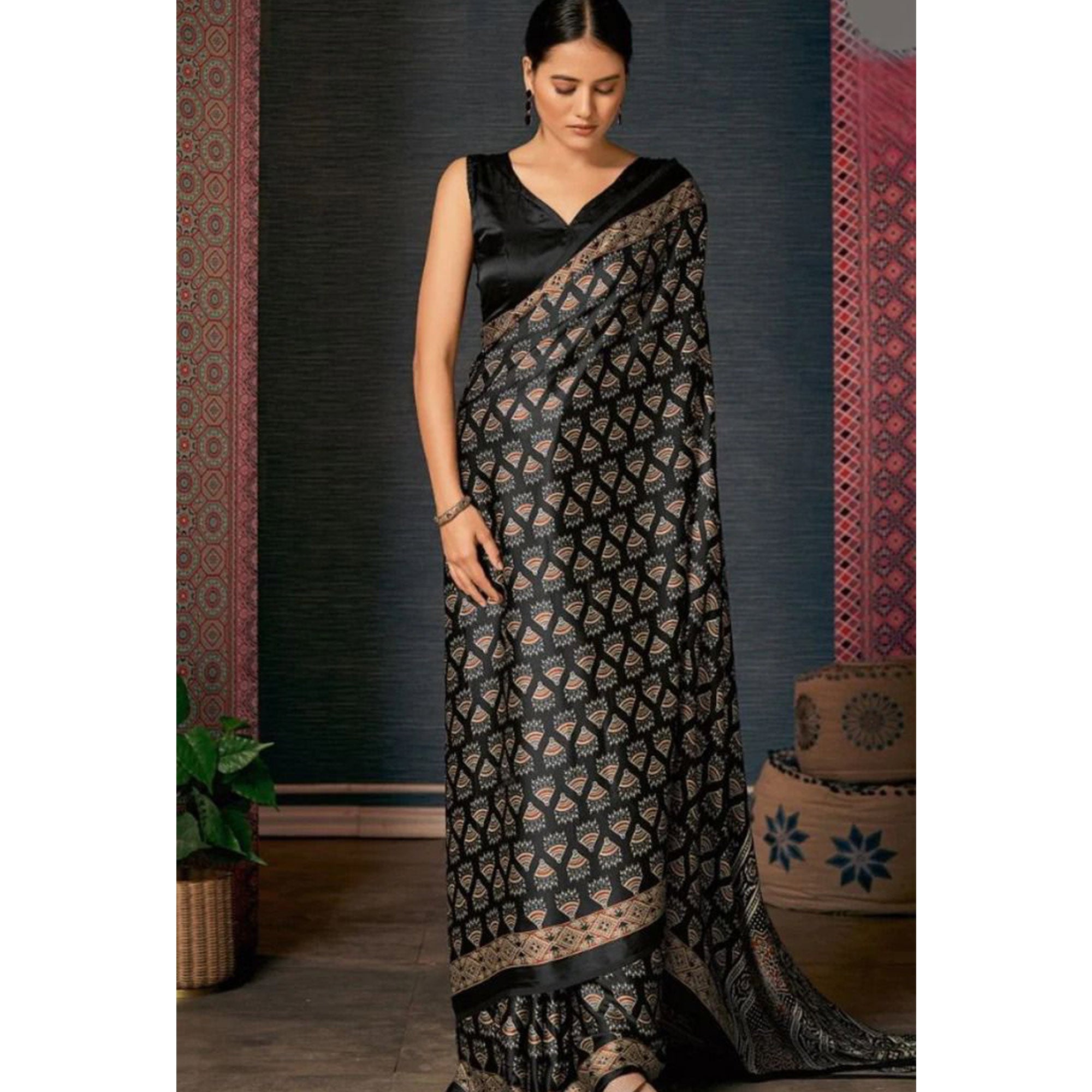 Black Ajrakh Printed Satin Saree