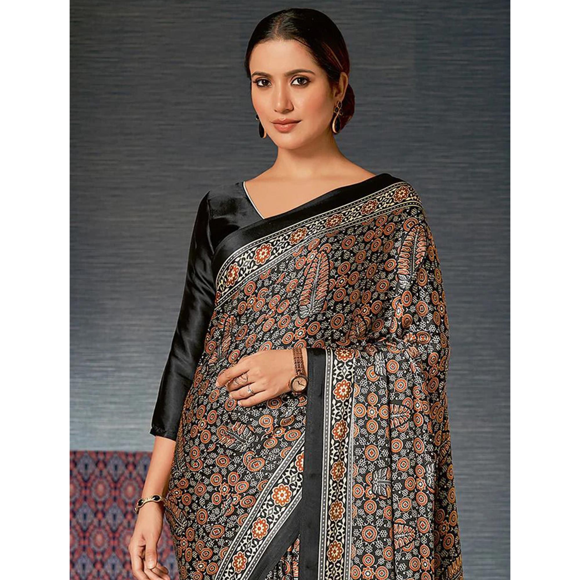 Black Ajrakh Printed Satin Saree