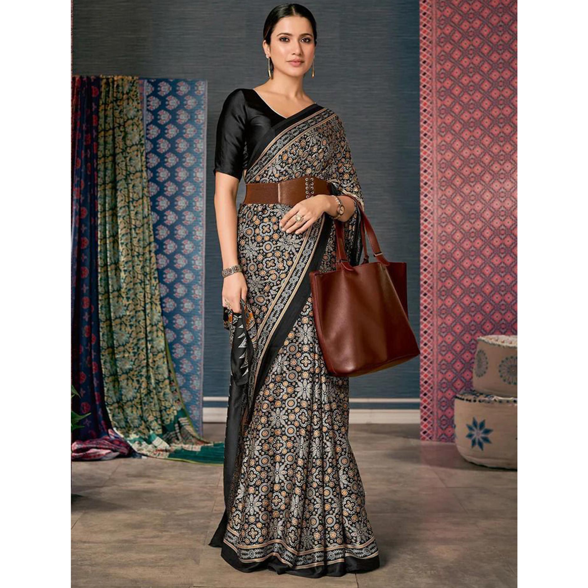 Black Ajrakh Printed Satin Saree
