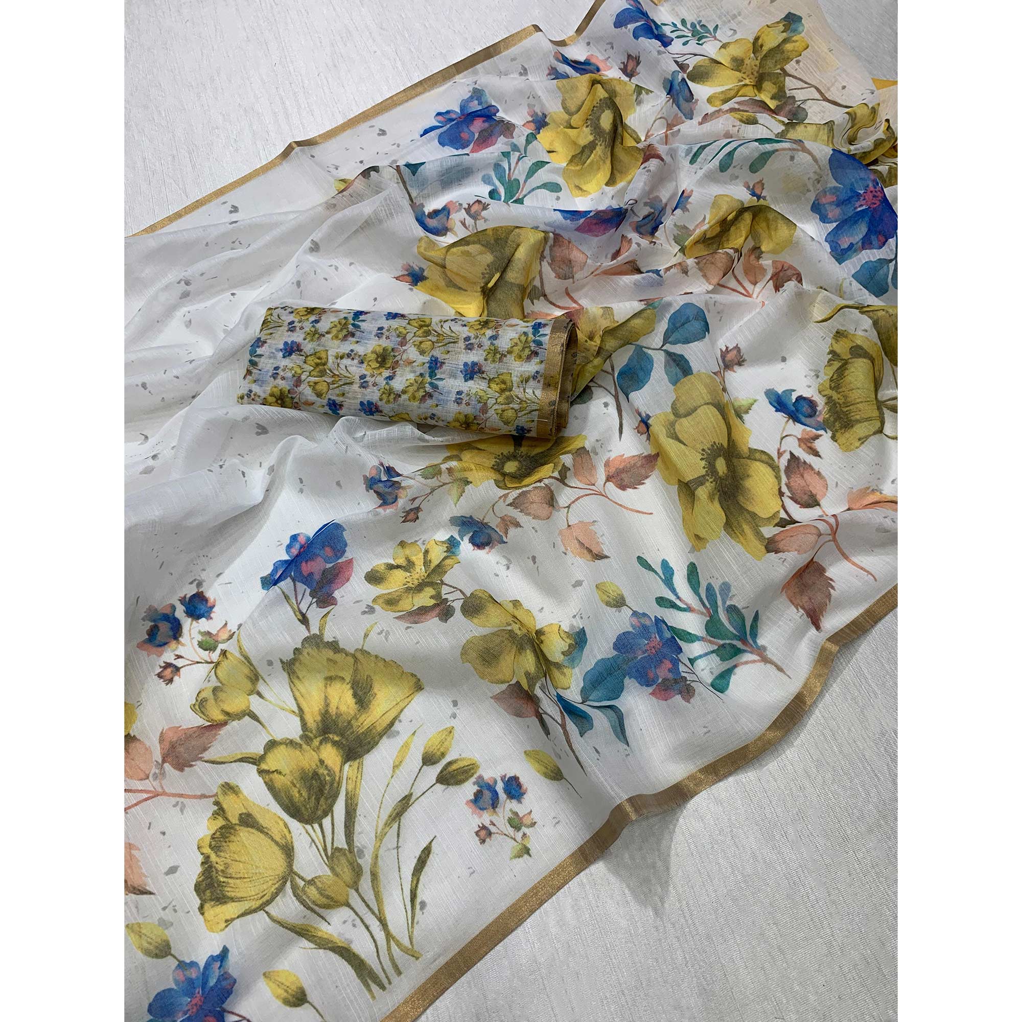 White Floral Printed Chanderi Saree