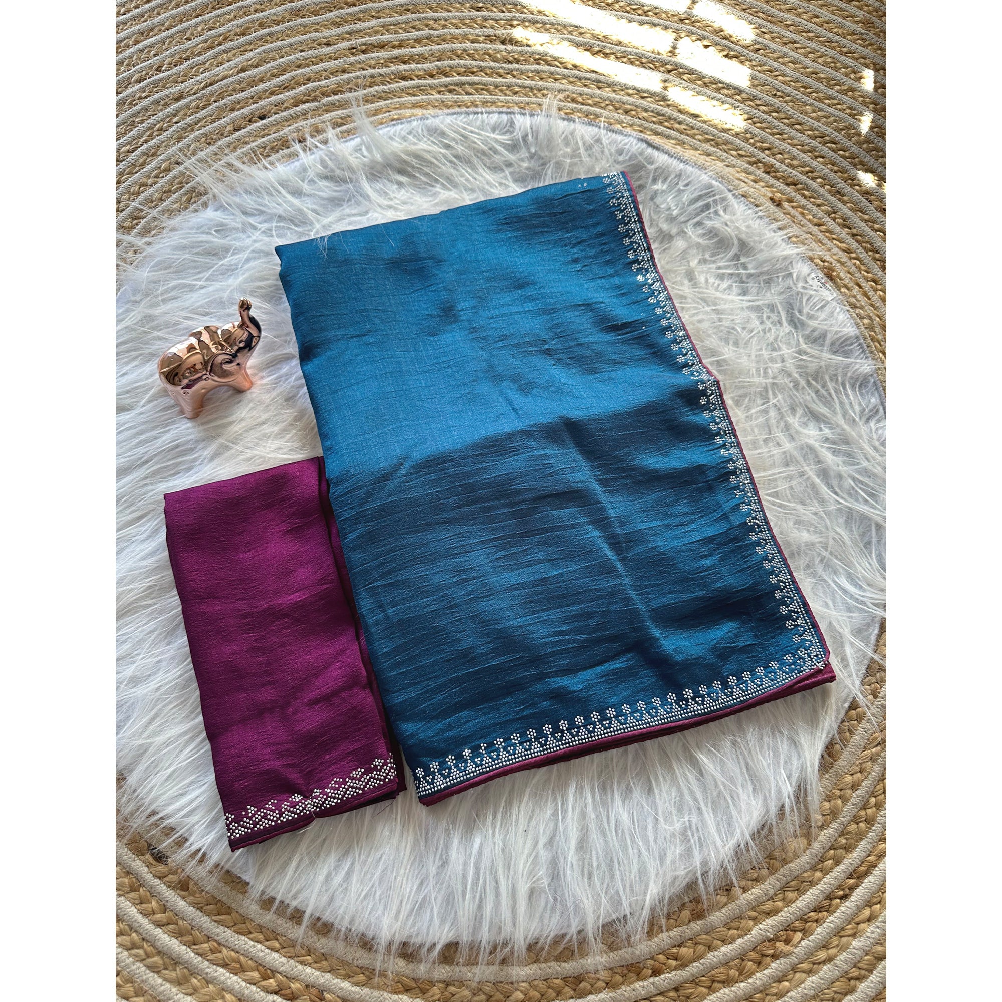 Teal Partywear Vichitra Silk Saree Featuring Exquisite Swarovski Stone Work