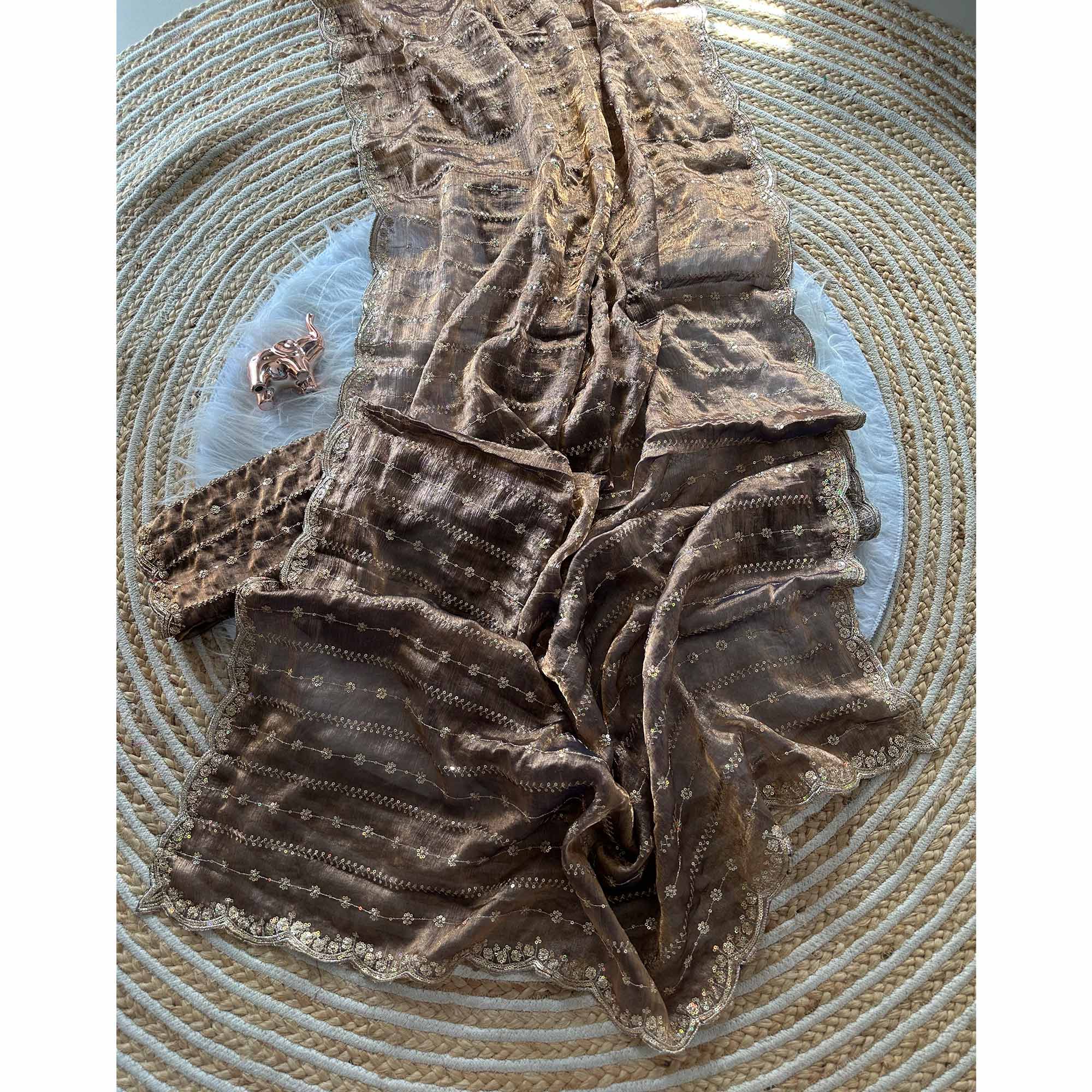 Elegant Dusty Brown Silk Saree Adorned With Floral Sequins Embroidery & Cutwork Zari Border