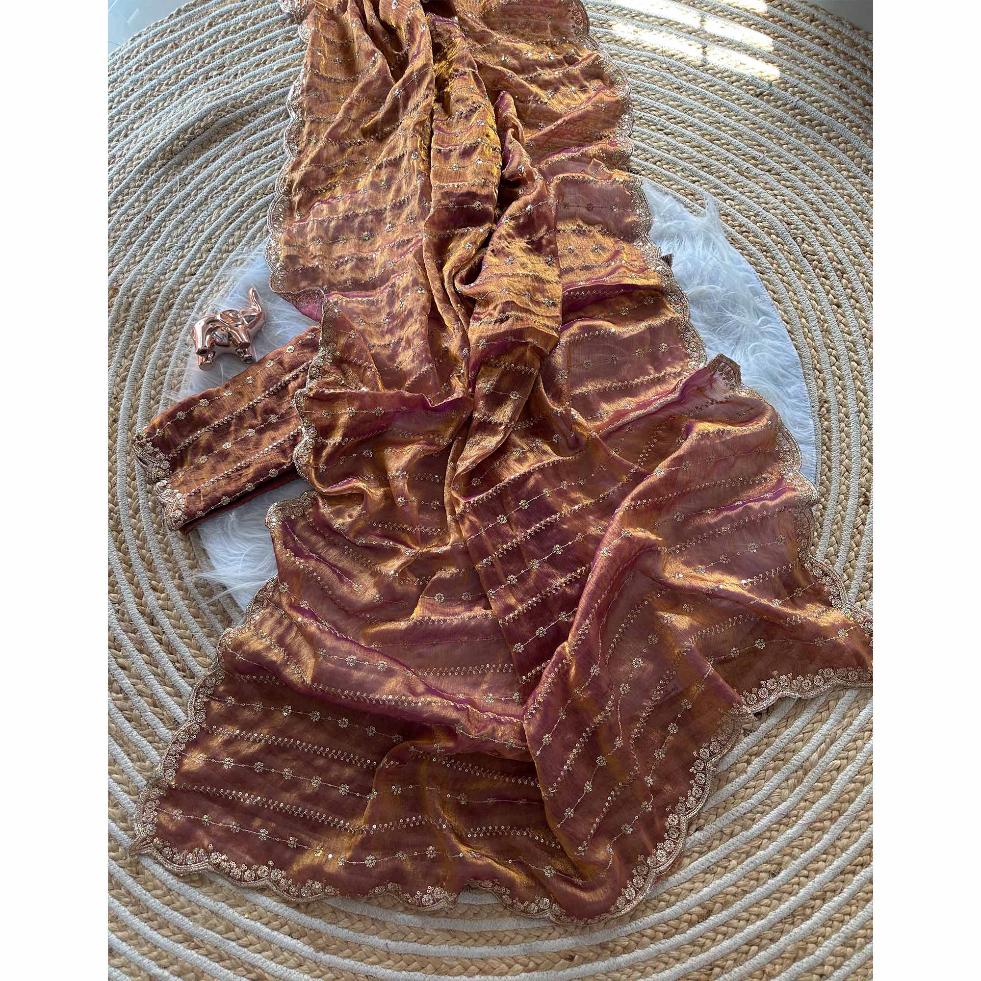 Elegant Dusty Peach Silk Saree Adorned With Floral Sequins Embroidery & Cutwork Zari Border