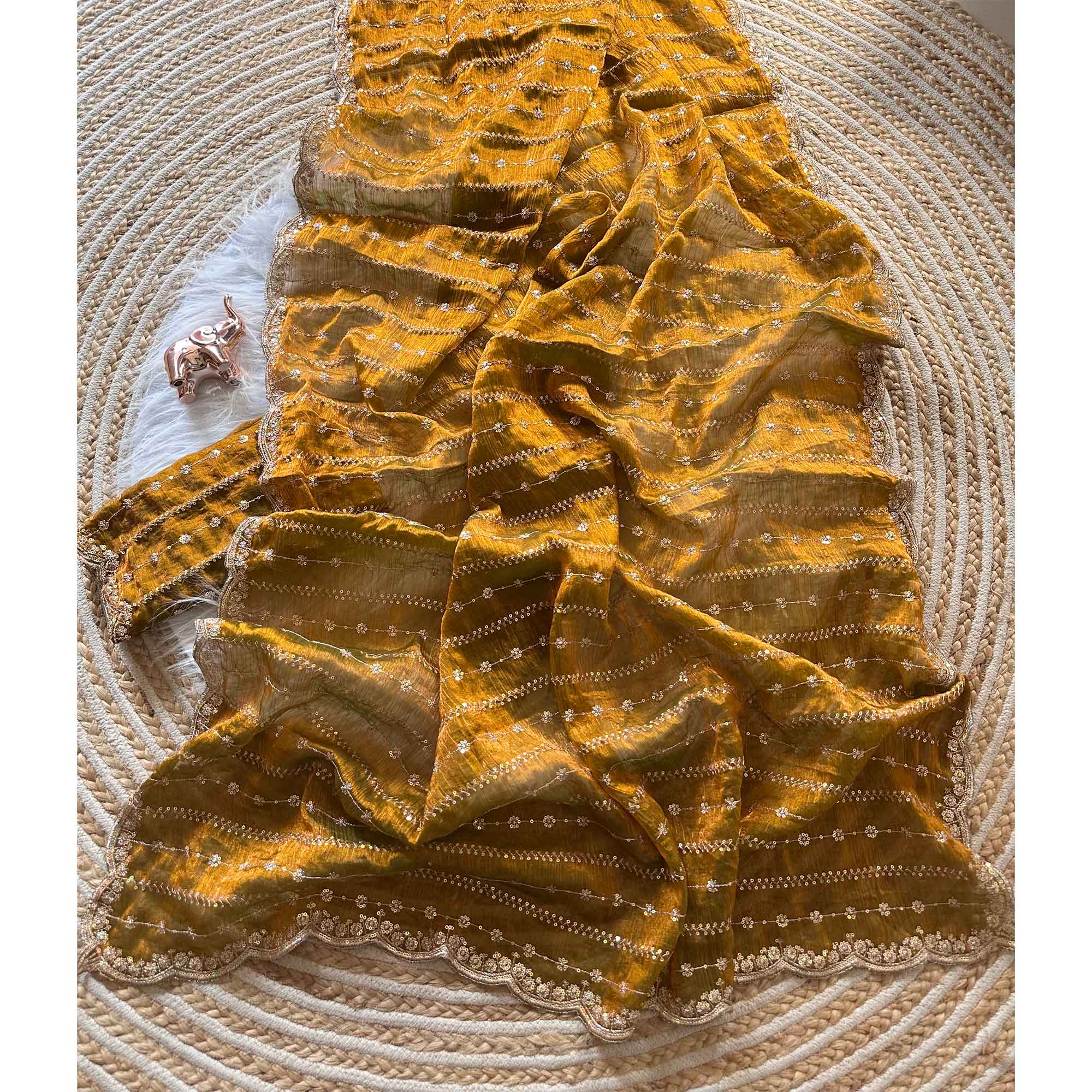 Elegant Golden Silk Saree Adorned With Floral Sequins Embroidery & Cutwork Zari Border