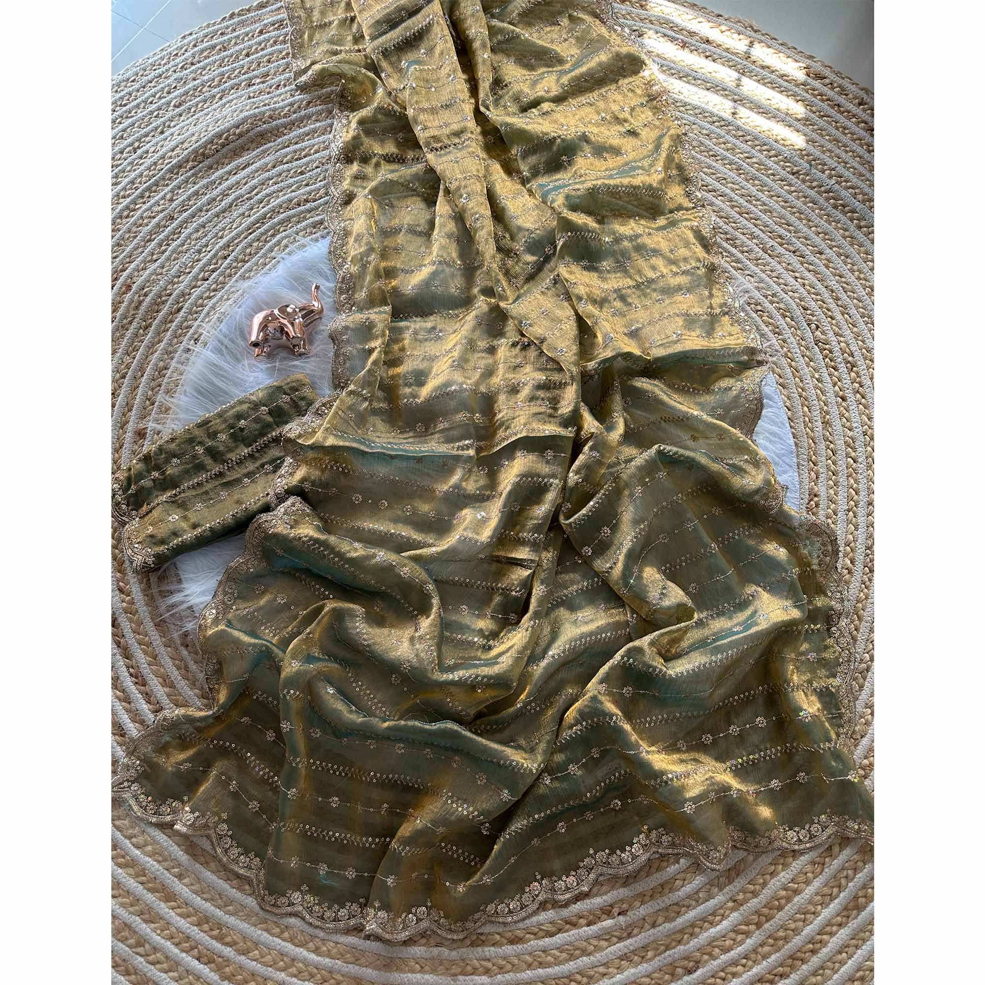 Elegant Green Silk Saree Adorned With Floral Sequins Embroidery & Cutwork Zari Border