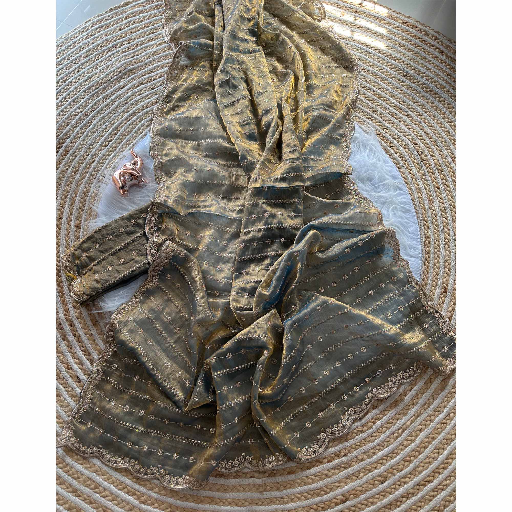 Elegant Grey Silk Saree Adorned With Floral Sequins Embroidery & Cutwork Zari Border