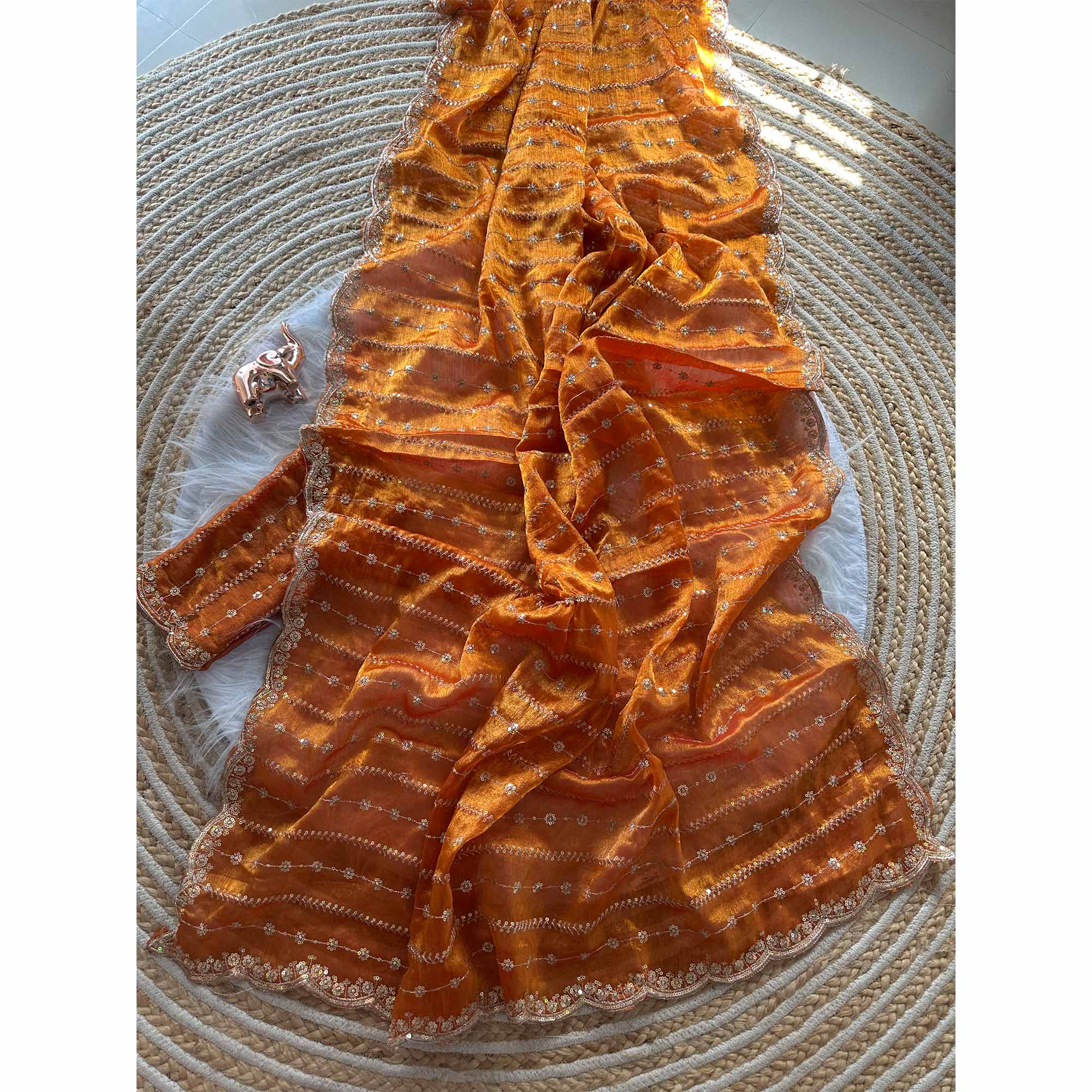 Elegant Orange Silk Saree Adorned With Floral Sequins Embroidery & Cutwork Zari Border