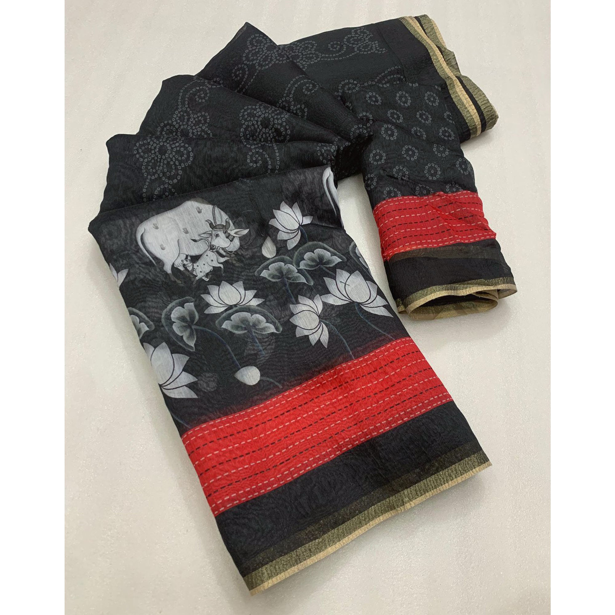 Black & Red Printed Chanderi Saree