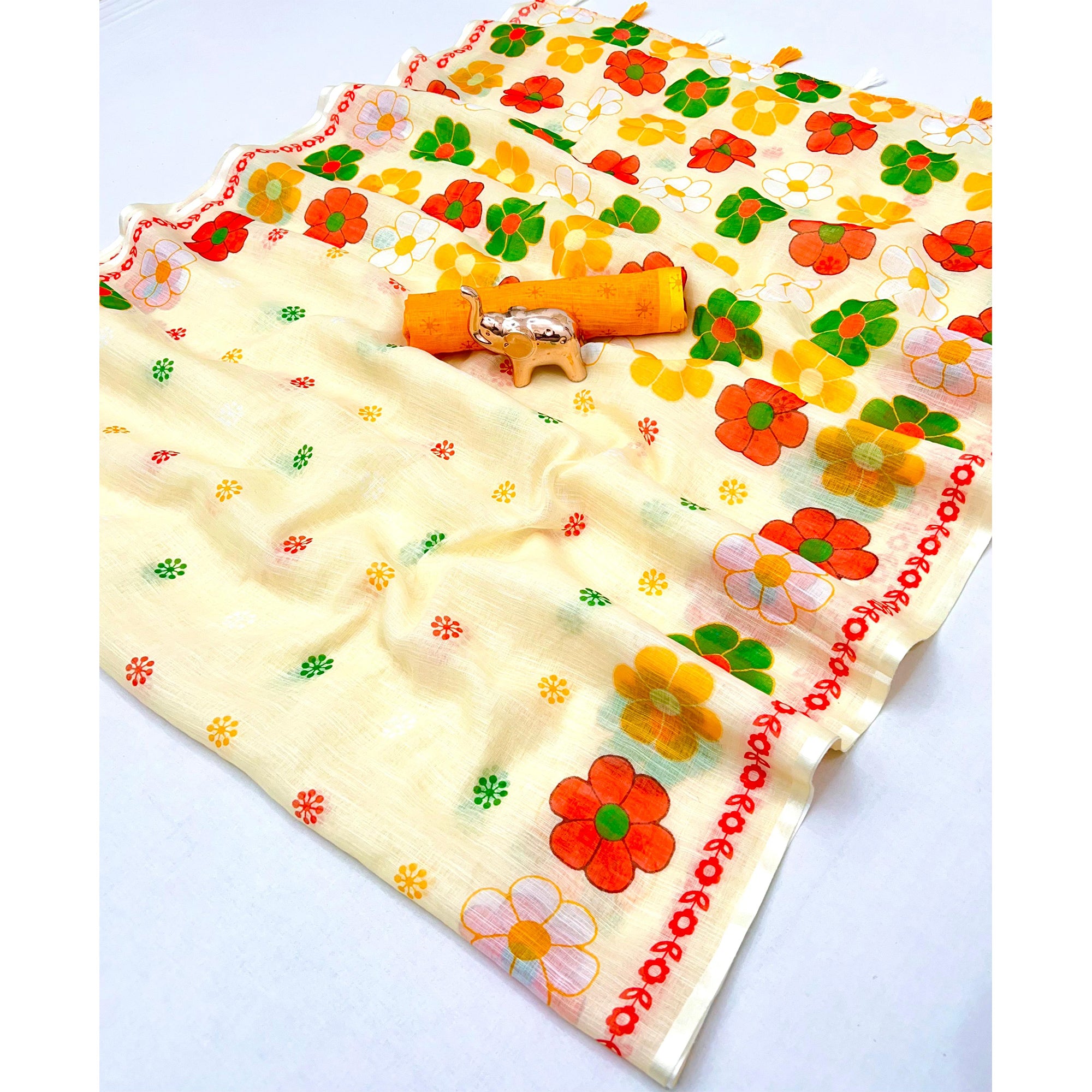 Soft & Comfortable Cream Linen Saree with Modern Printed Styling