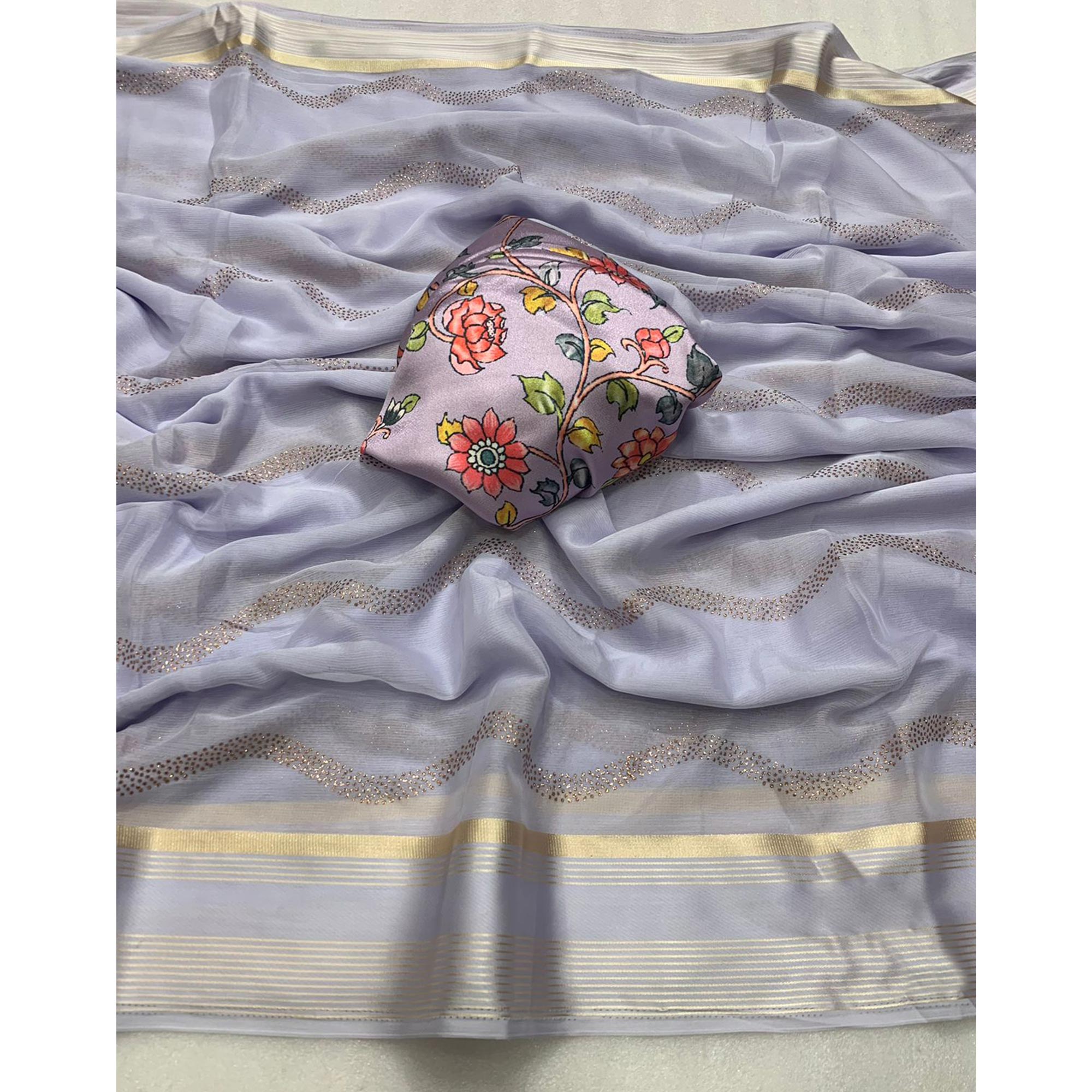 Light Violet Foil Printed Chiffon Saree