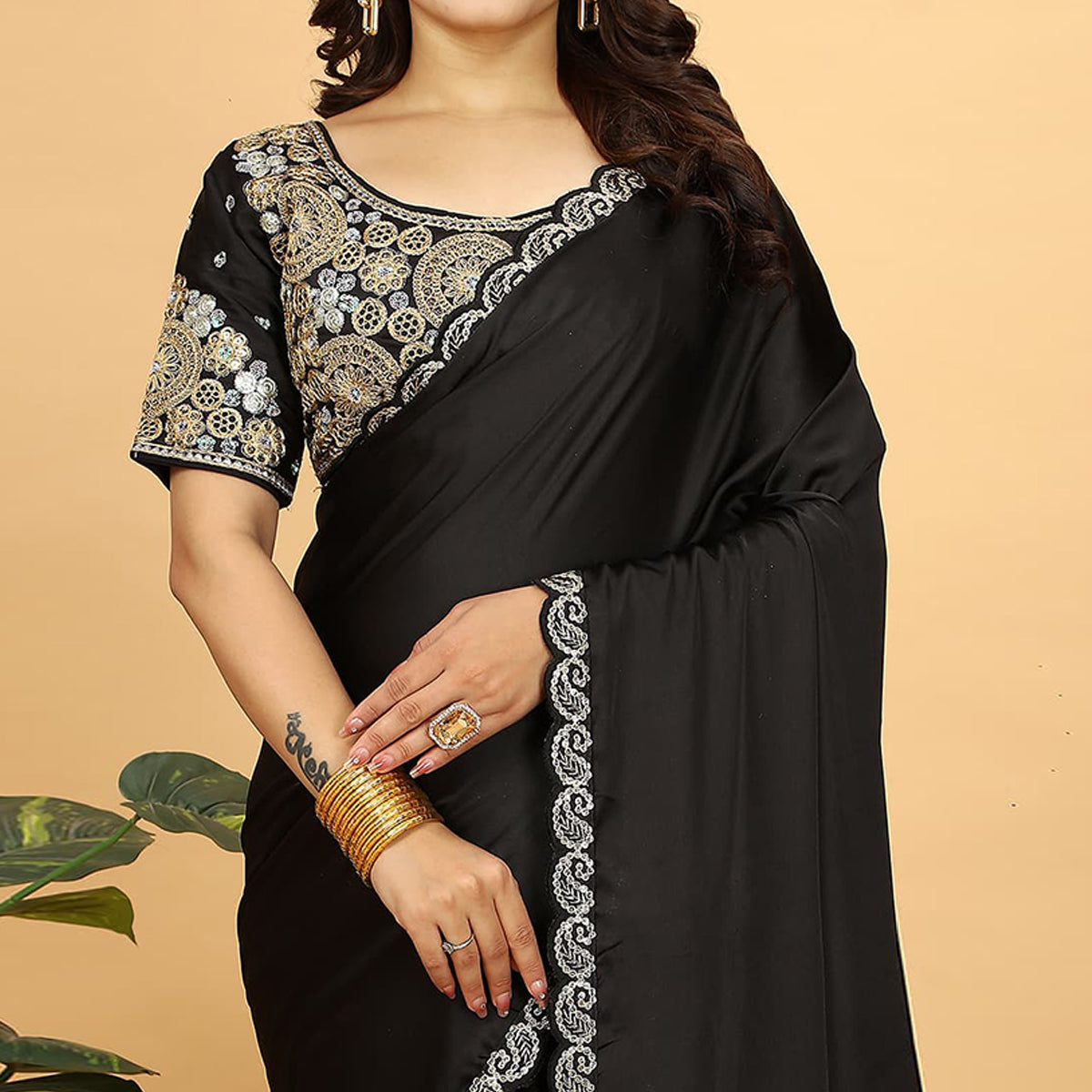 Black Solid Satin Saree With Sequins Embroidered Border