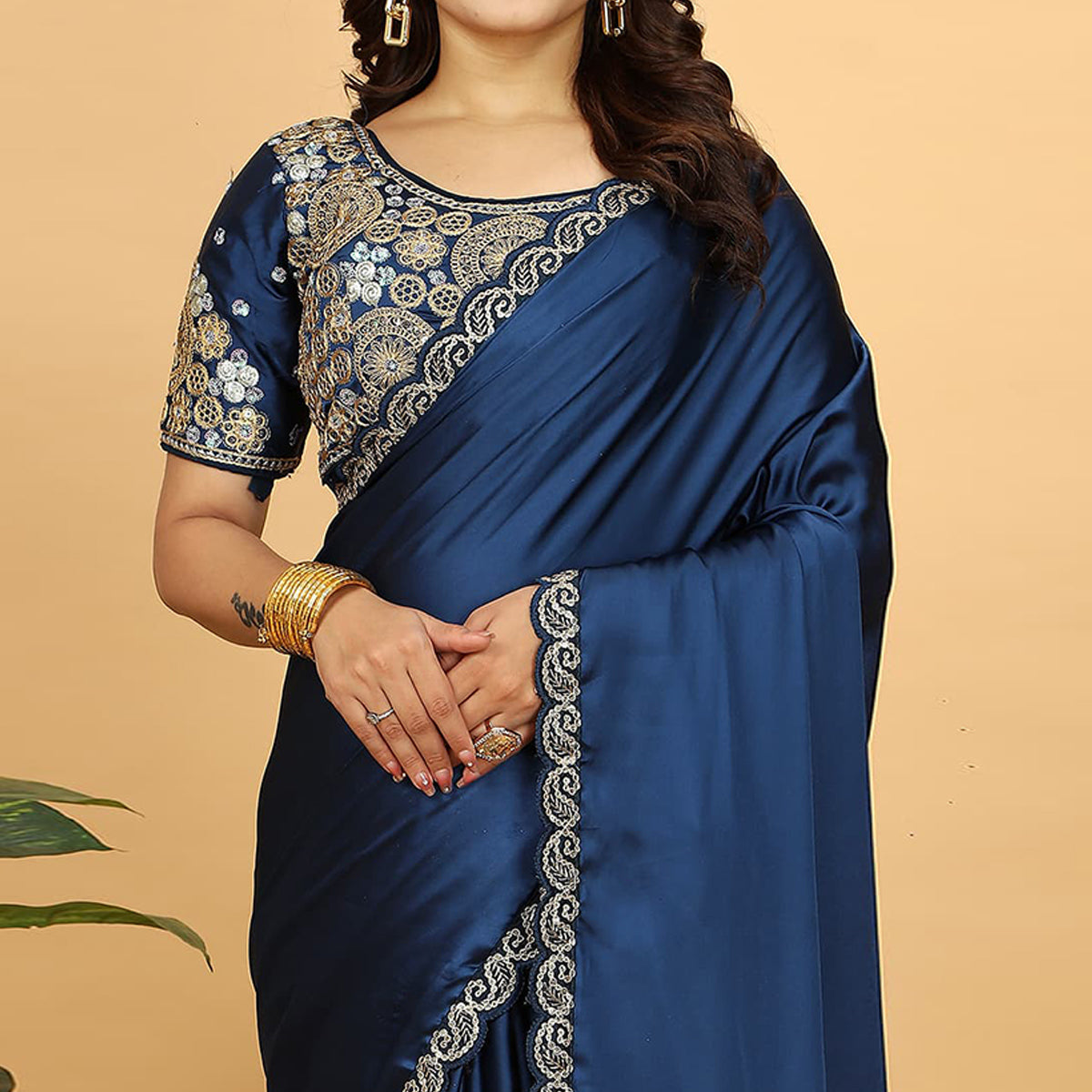 Blue Solid Satin Saree With Sequins Embroidered Border