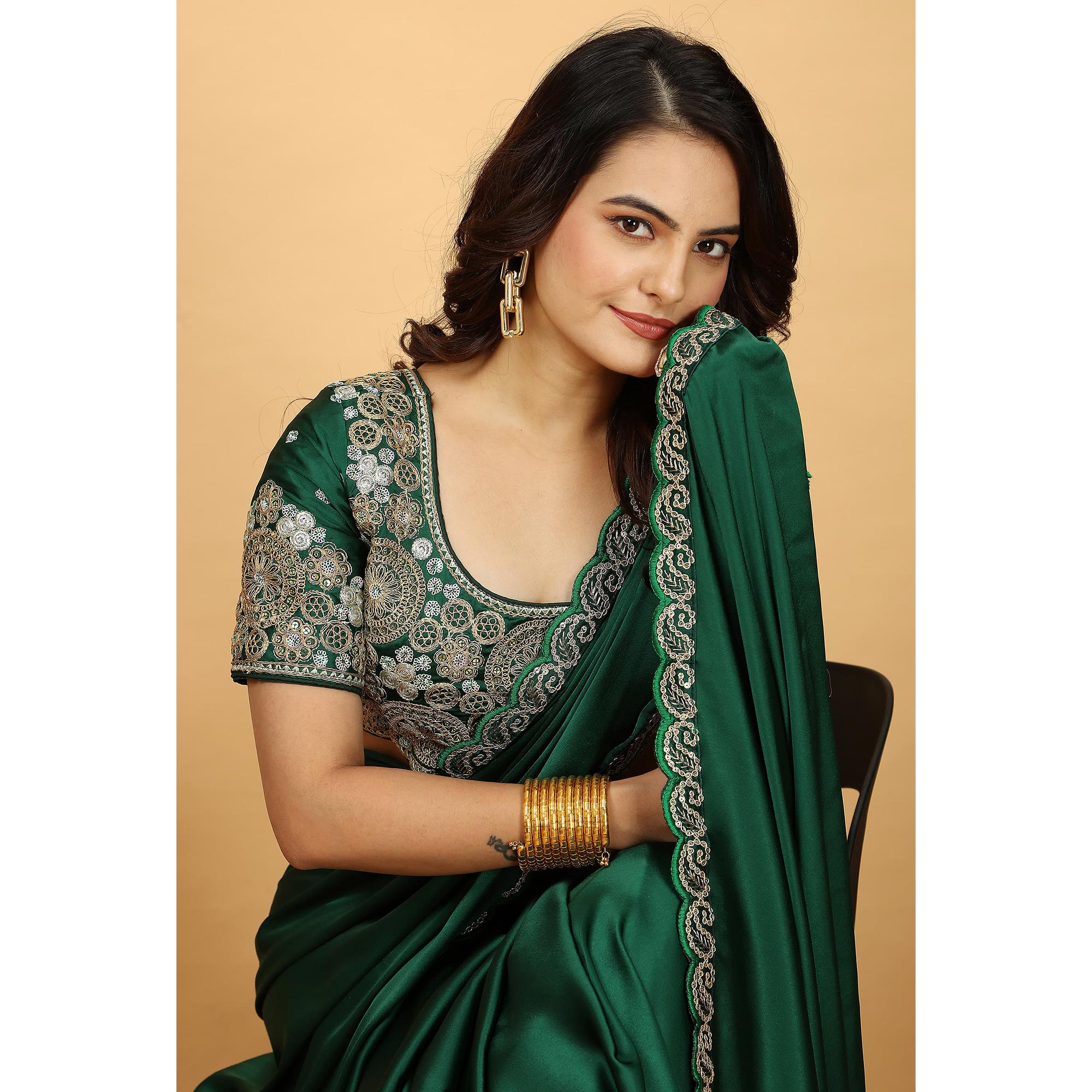 Green Solid Satin Saree With Sequins Embroidered Border